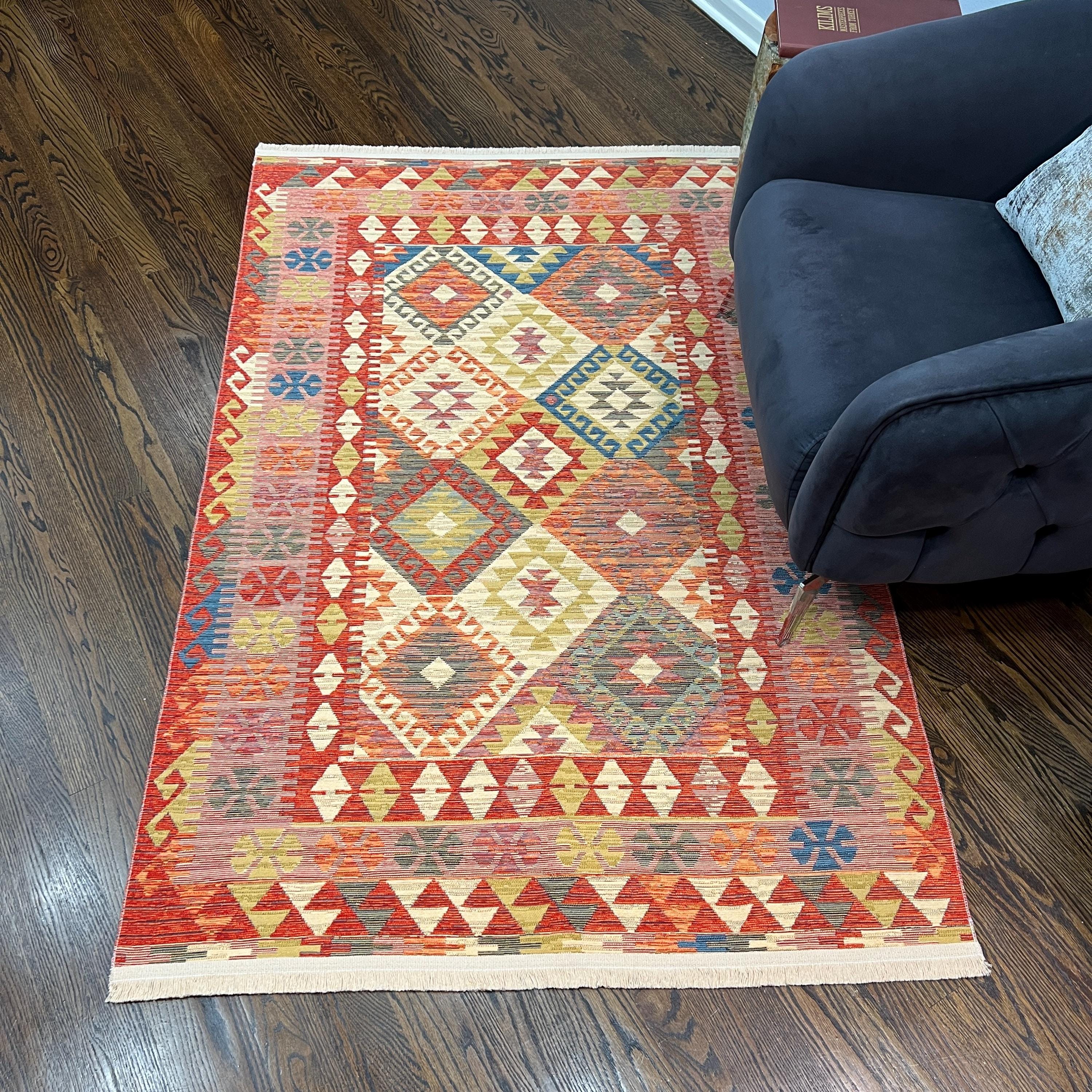 Boho Cotton Kilim Rug: Vibrant Tribal Diamond Design