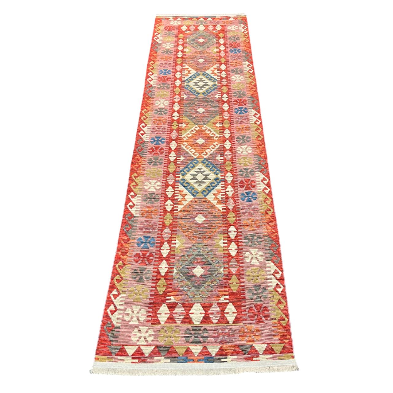 Boho Cotton Kilim Rug: Vibrant Tribal Diamond Design