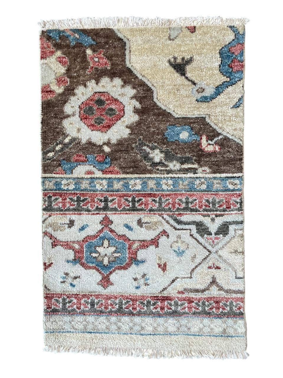 Hand-Knotted Wool Rug: 2x3 Turkish Vintage Accent Rug, Geometric Floral Design