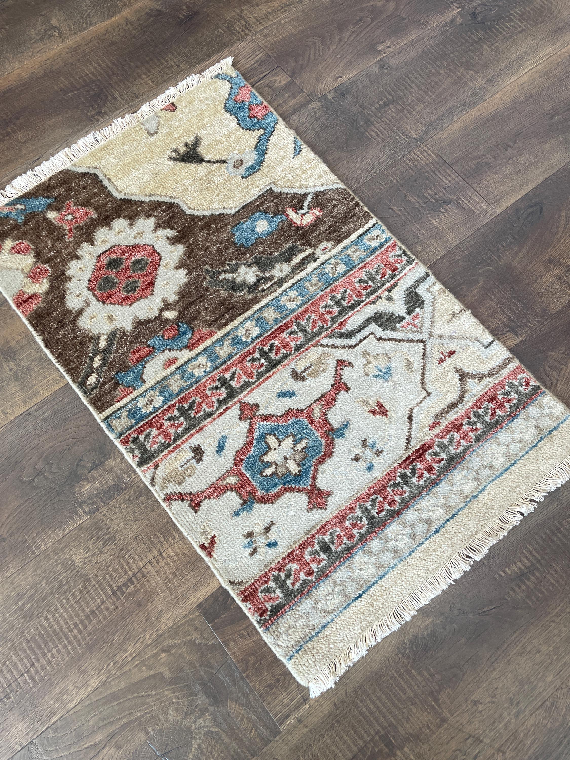 Hand-Knotted Wool Rug: 2x3 Turkish Vintage Accent Rug, Geometric Floral Design
