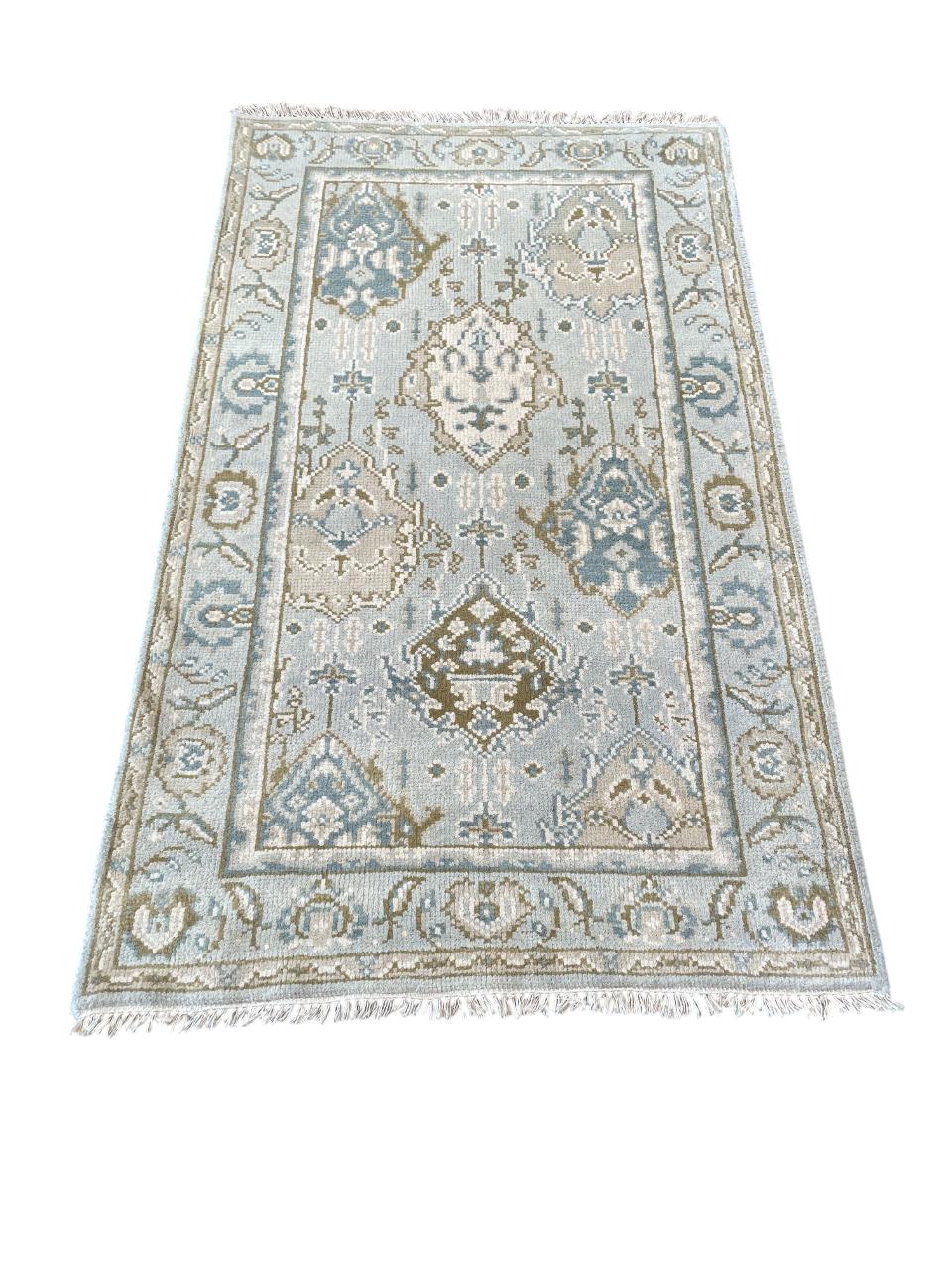 3' x 5' Handmade Hand-Knotted Wool Rug – Light Blue & Beige Turkish Vintage Area Rug