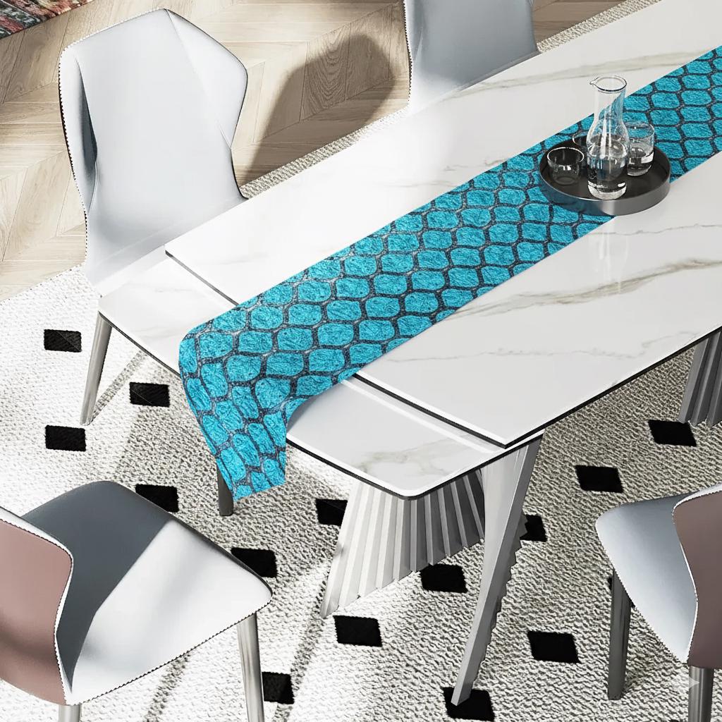 Boho Turquoise Kilim Table Runner: Jacquard Chenille, Geometric Dining Decor