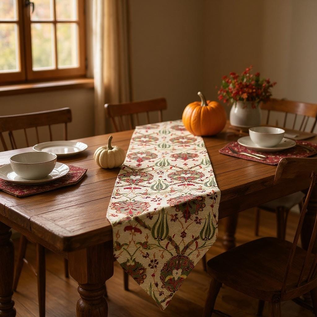 Turkish Kilim Table Runner: Beige Tulip Jacquard Chenille, Extra Long Sizes