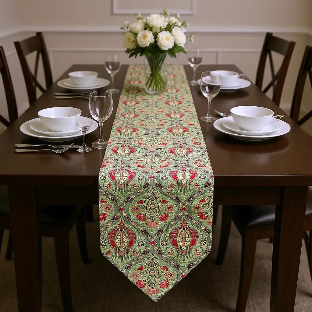 Green Tulip Kilim Table Runner: Jacquard Chenille, Boho Dining Decor, Extra Long Sizes