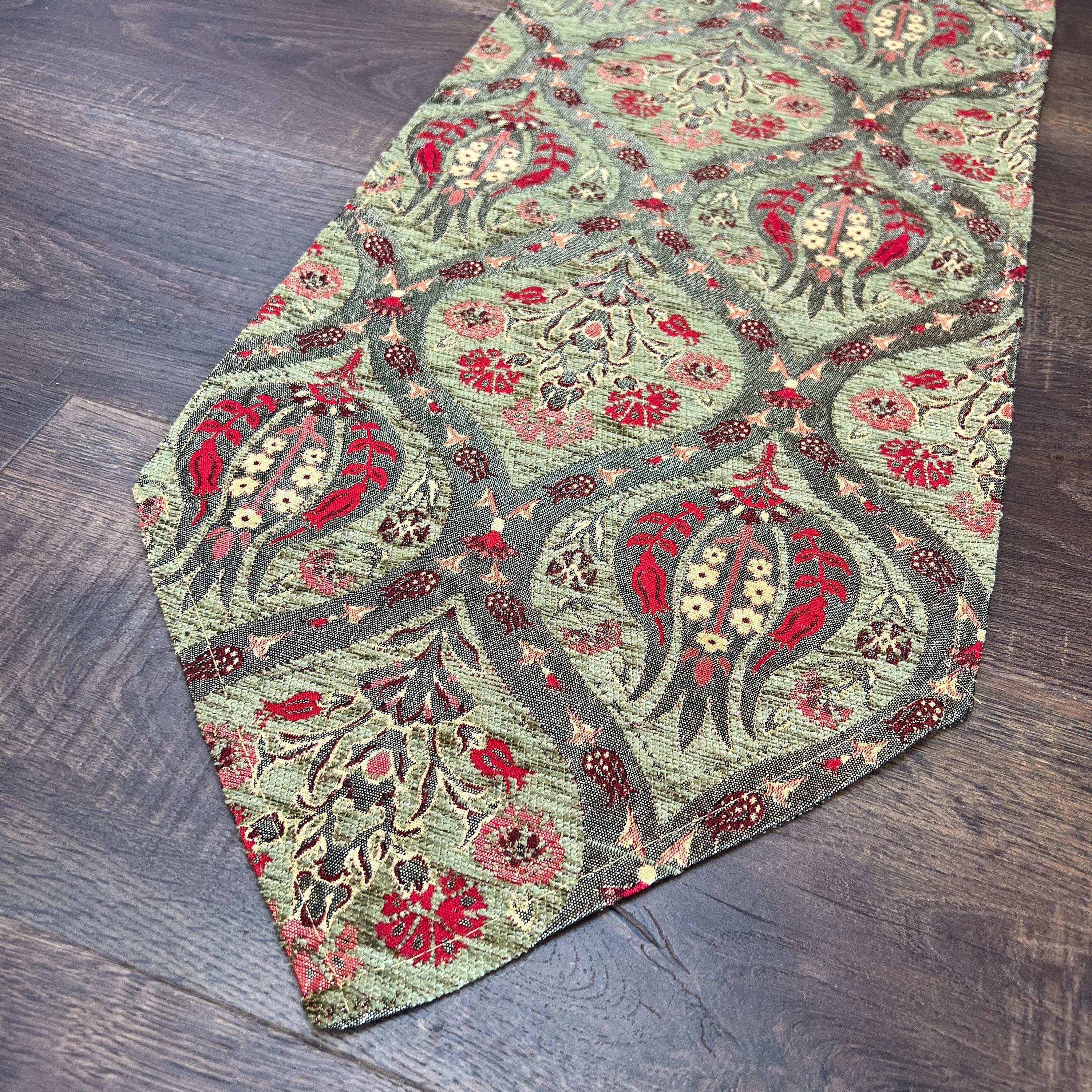 Green Tulip Kilim Table Runner: Jacquard Chenille, Boho Dining Decor, Extra Long Sizes