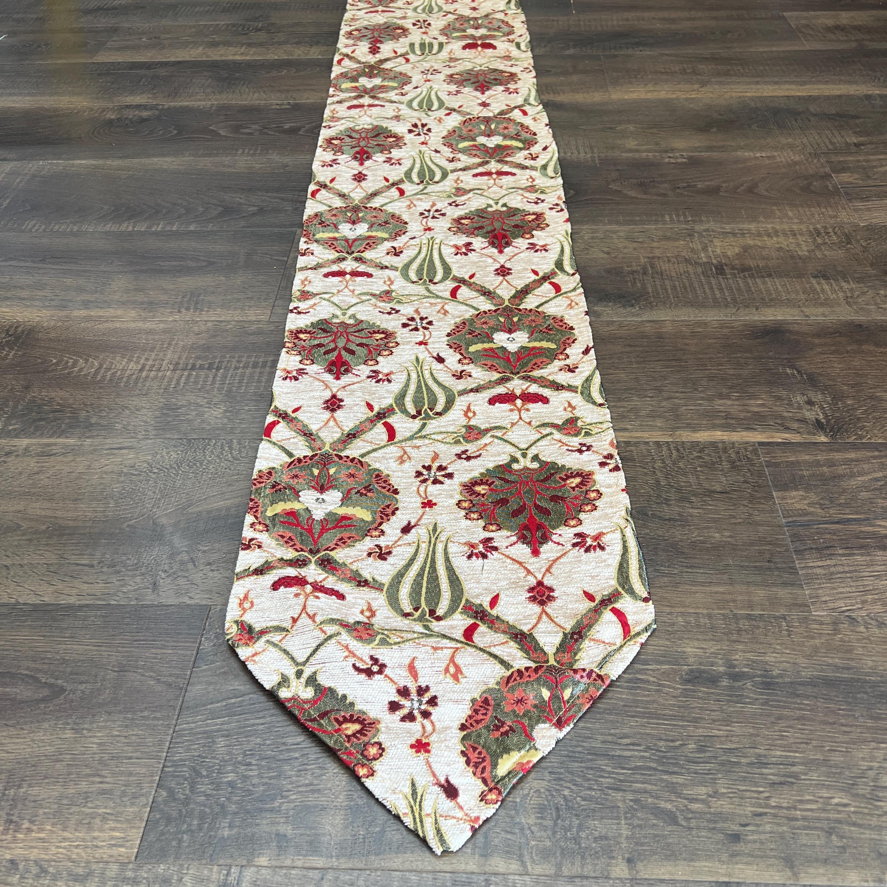 Turkish Kilim Table Runner: Beige Tulip Jacquard Chenille, Extra Long Sizes