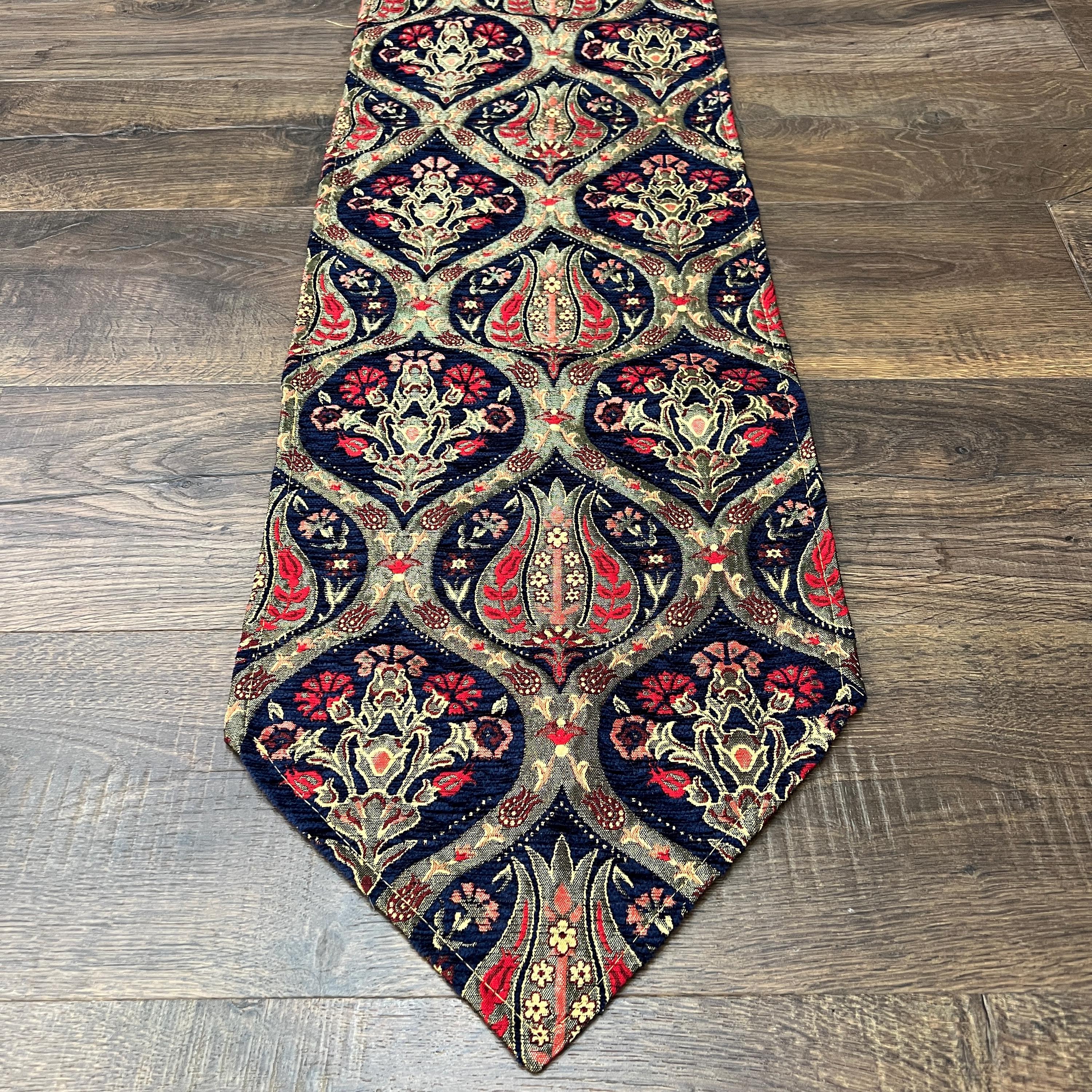 Navy Blue Turkish Kilim Table Runner: Jacquard Chenille, Boho Dining Decor