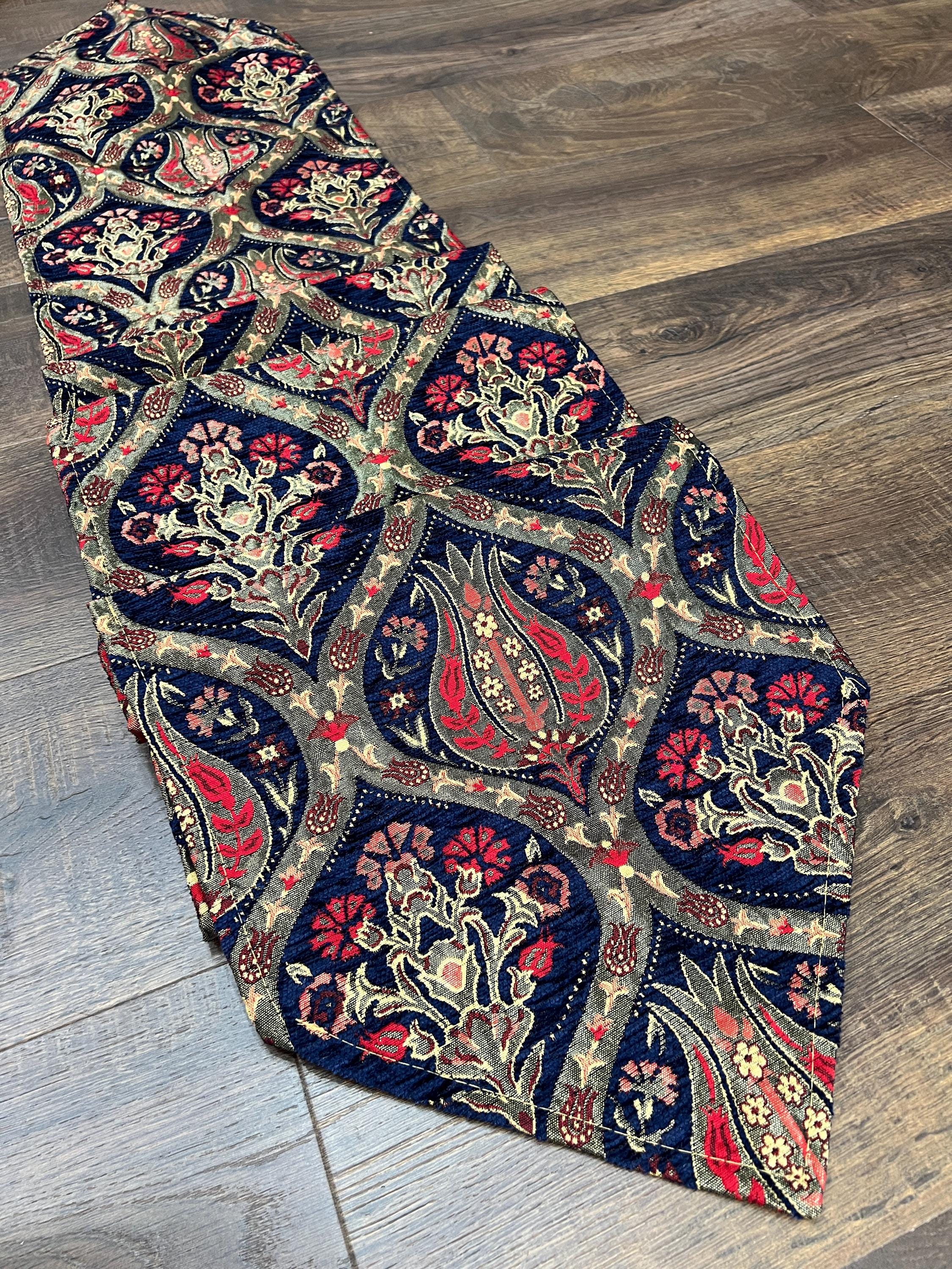 Navy Blue Turkish Kilim Table Runner: Jacquard Chenille, Boho Dining Decor
