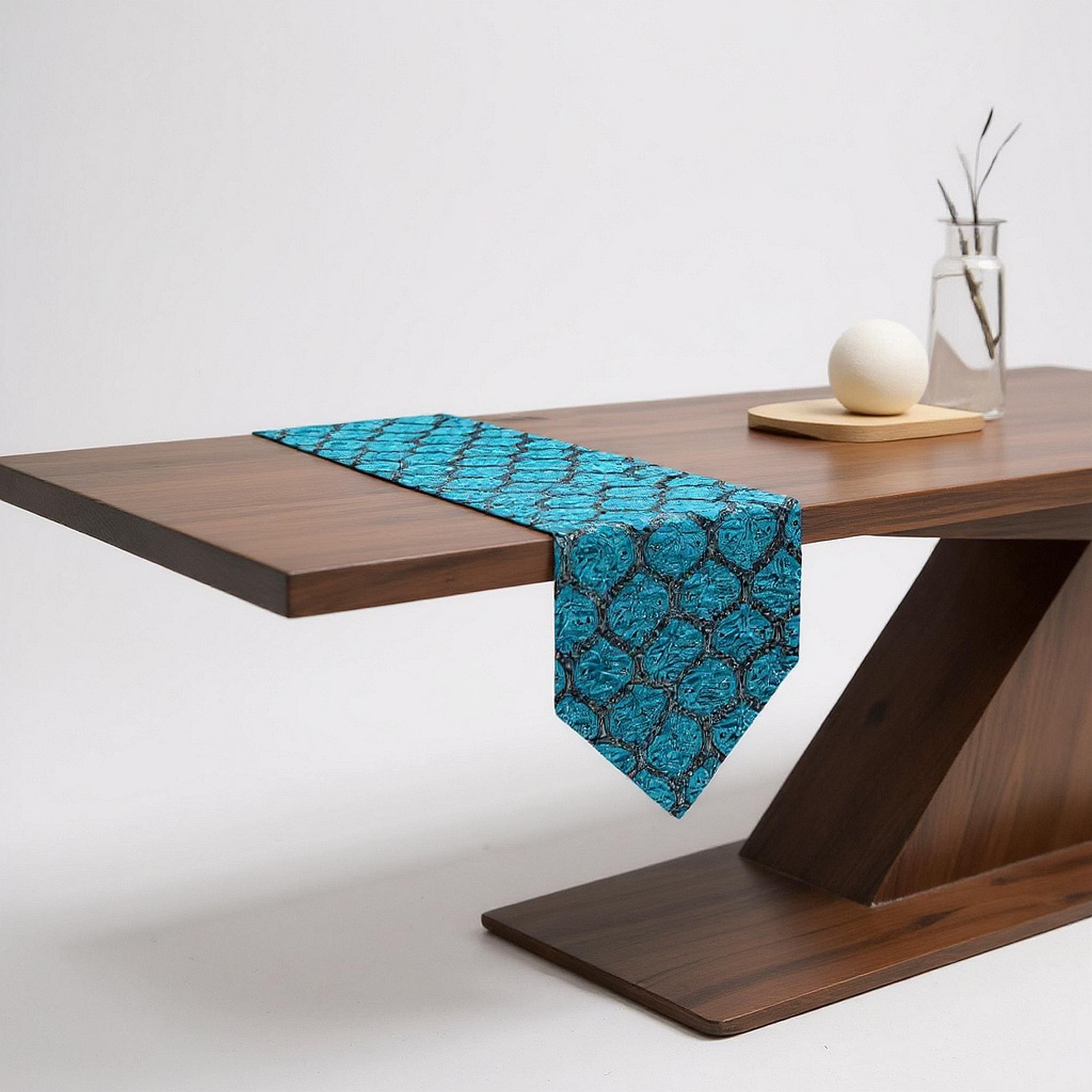 Boho Turquoise Kilim Table Runner: Jacquard Chenille, Geometric Dining Decor