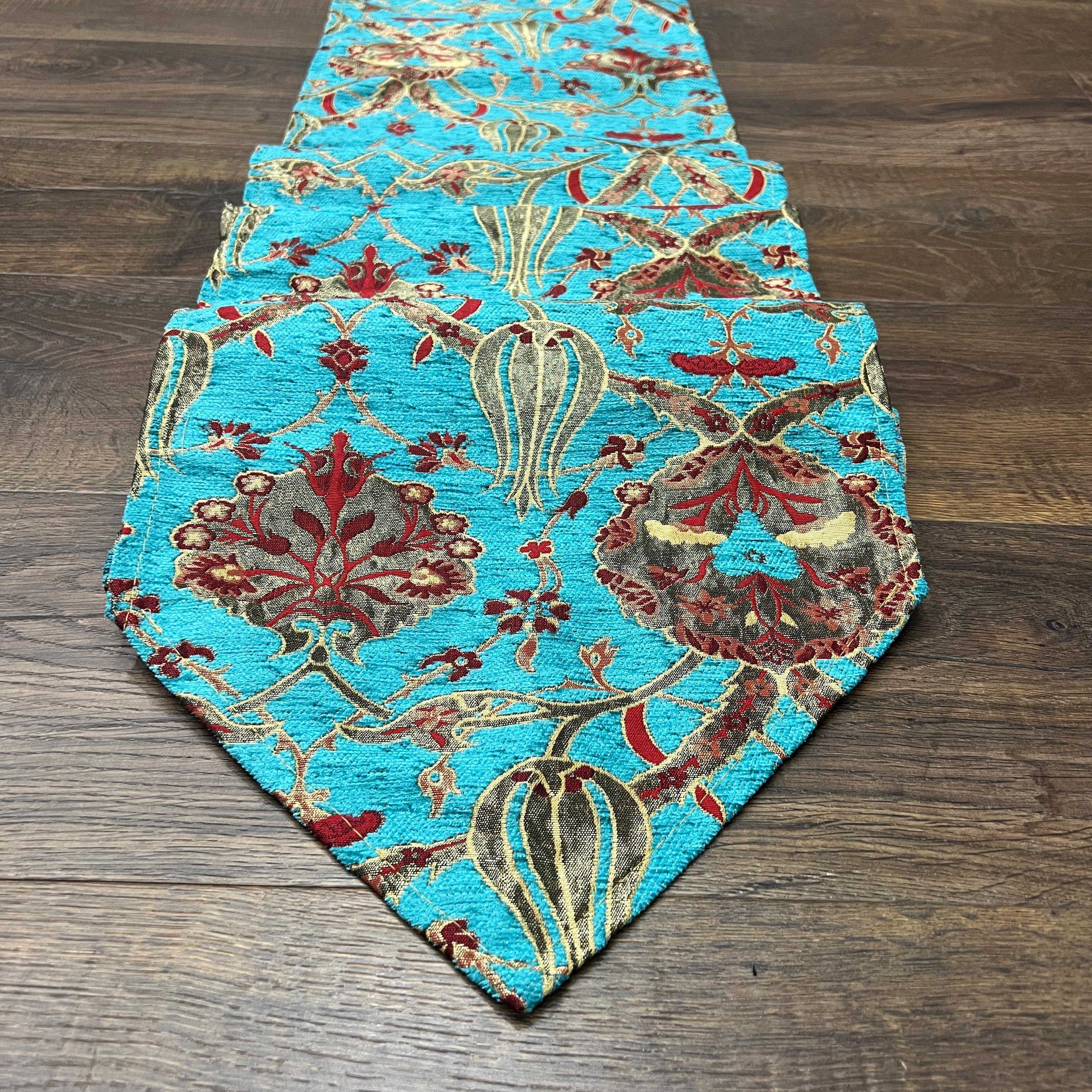 Turkish Kilim Table Runner: Turquoise Blue Jacquard Chenille, Boho Dining Decor extra long