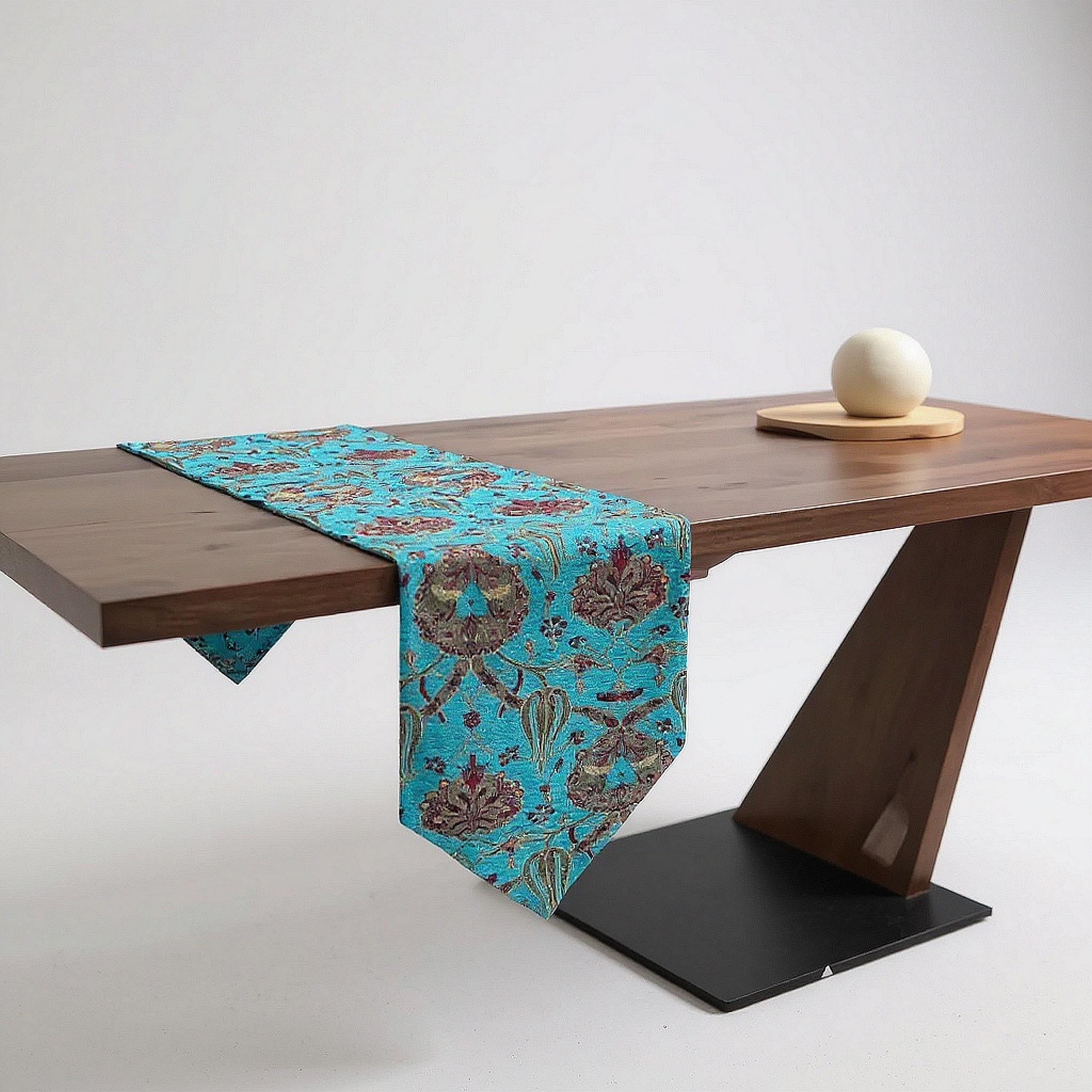 Turkish Kilim Table Runner: Turquoise Blue Jacquard Chenille, Boho Dining Decor extra long