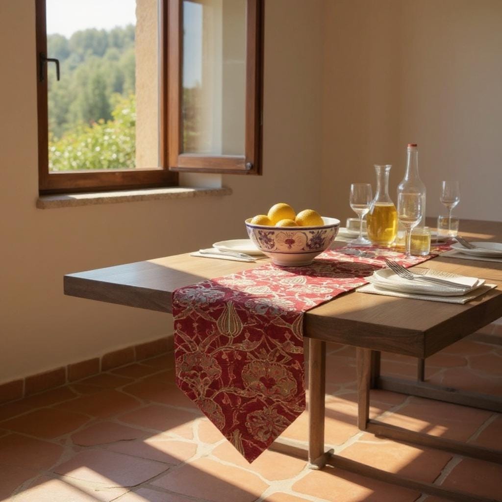 Burgundy Red Turkish Kilim Table Runner: Jacquard Chenille, Boho Dining (18-20 Inches)