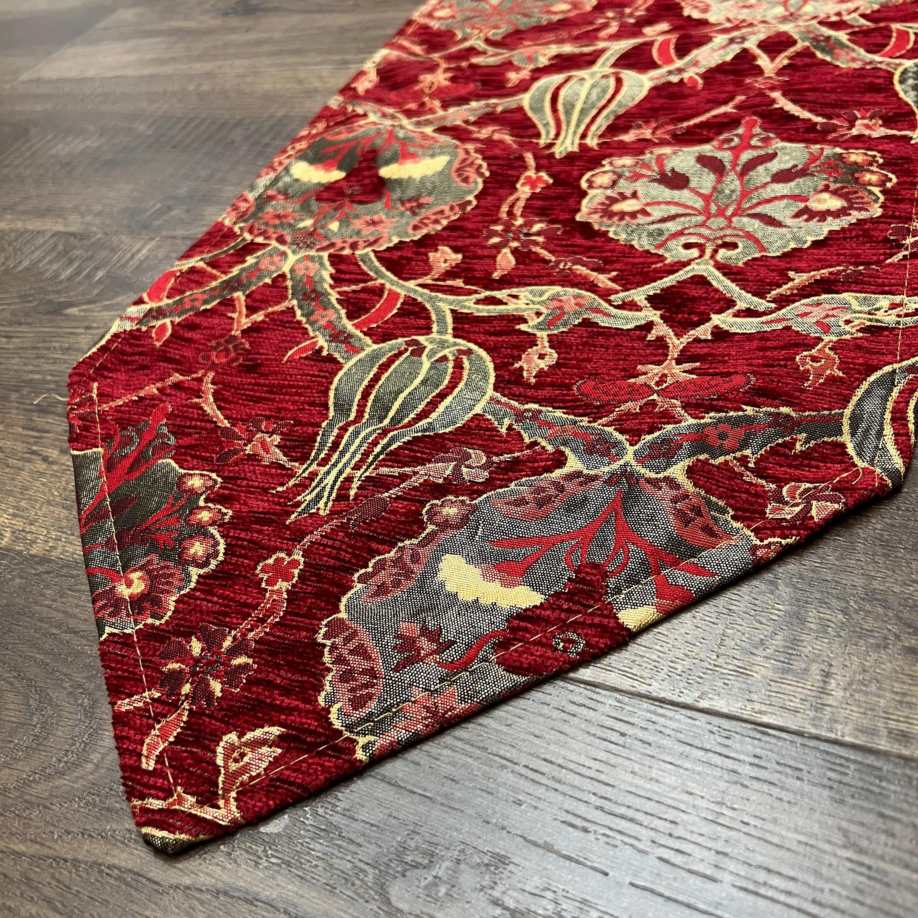 Burgundy Red Turkish Kilim Table Runner: Jacquard Chenille, Boho Dining (18-20 Inches)