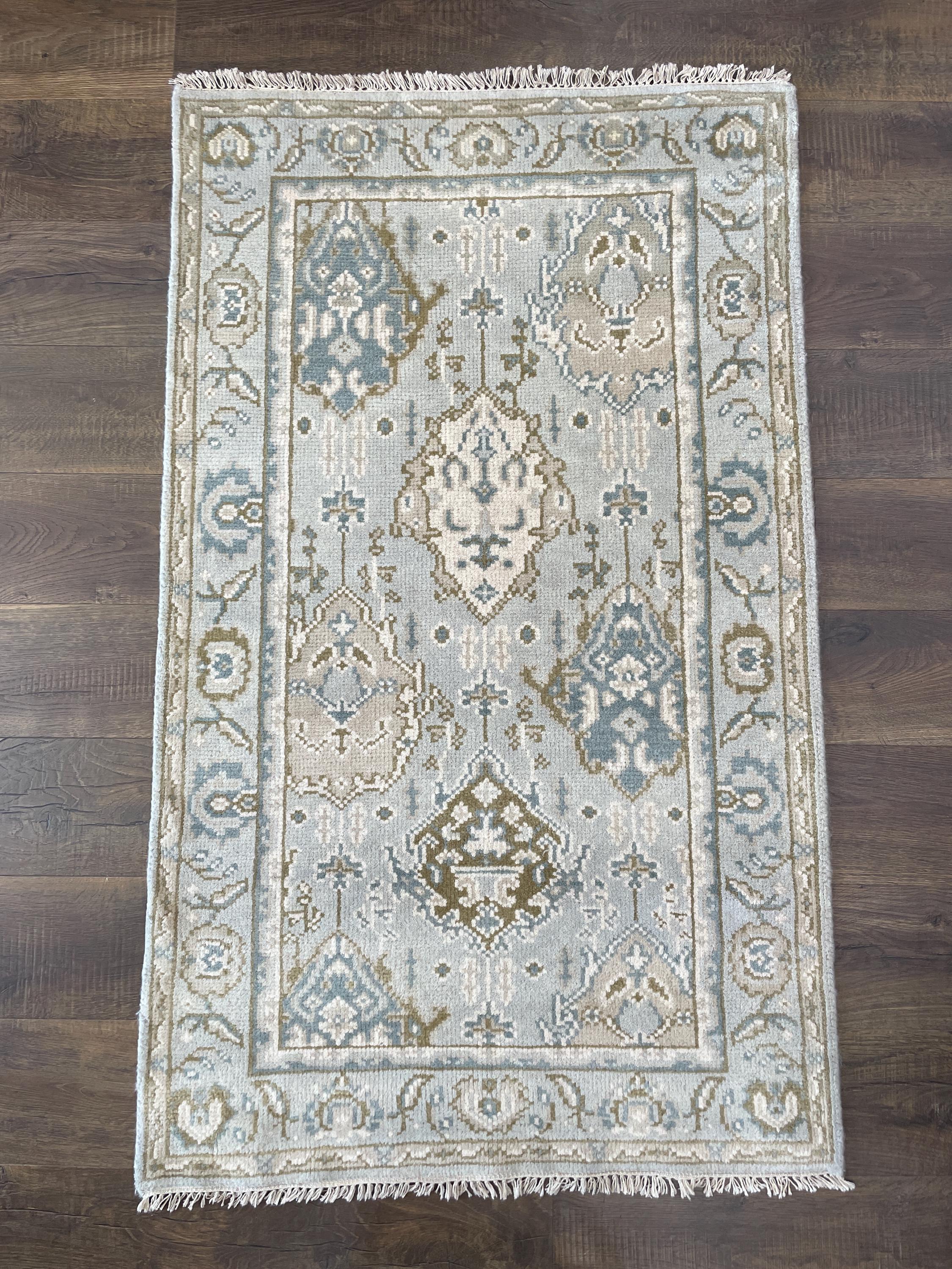 3' x 5' Handmade Hand-Knotted Wool Rug – Light Blue & Beige Turkish Vintage Area Rug