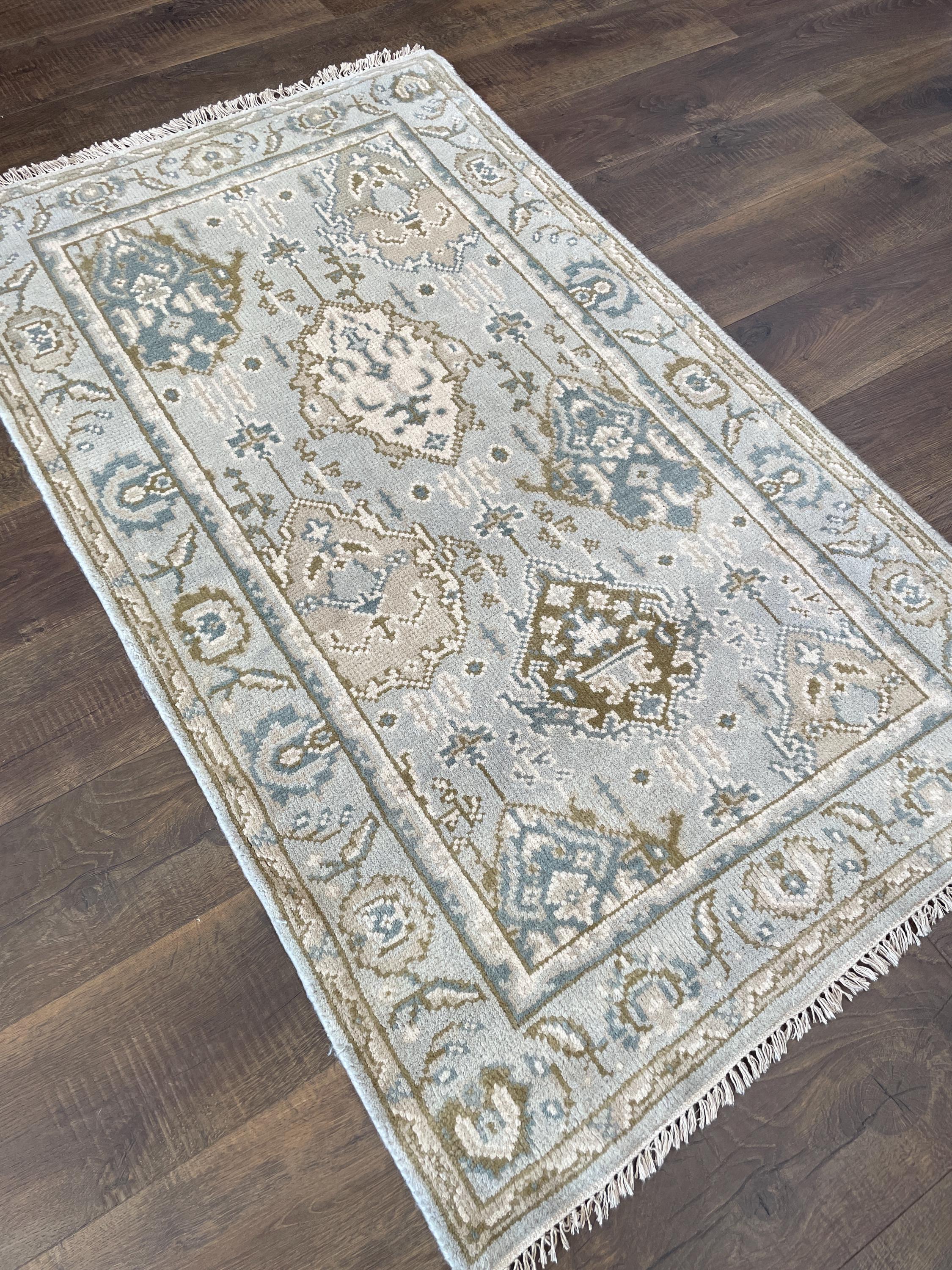 3' x 5' Handmade Hand-Knotted Wool Rug – Light Blue & Beige Turkish Vintage Area Rug