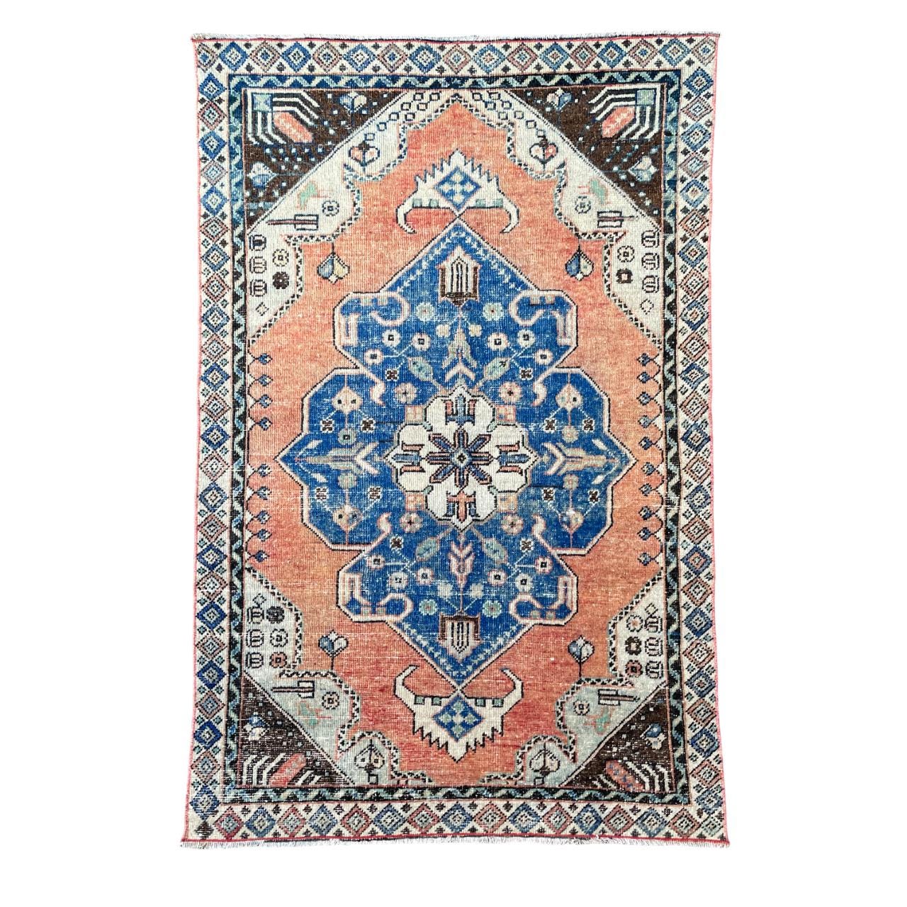 3'9" x 5'9" Handmade Hand-Knotted Wool Rug – Blue & Coral Vintage Turkish Rug