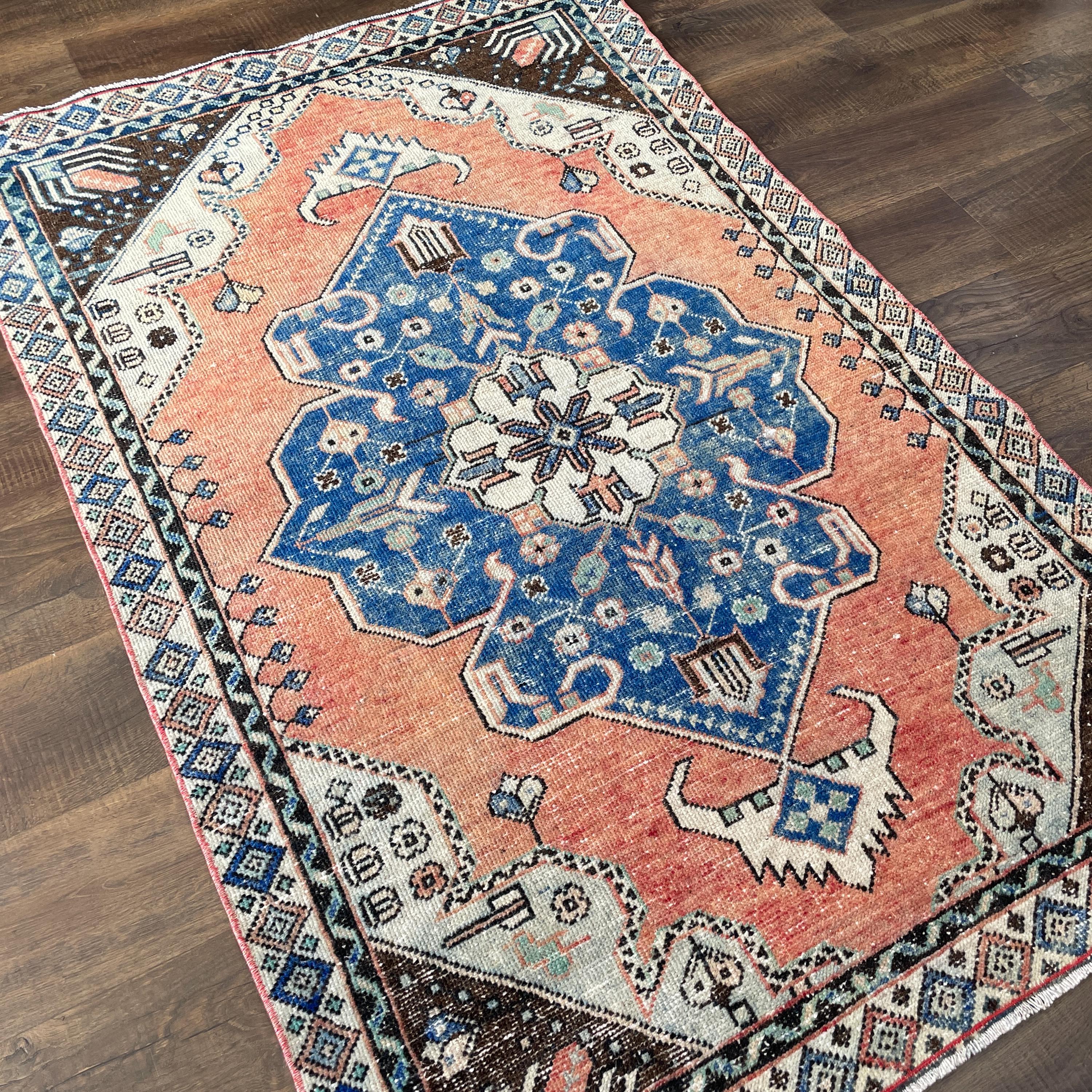 3'9" x 5'9" Handmade Hand-Knotted Wool Rug – Blue & Coral Vintage Turkish Rug