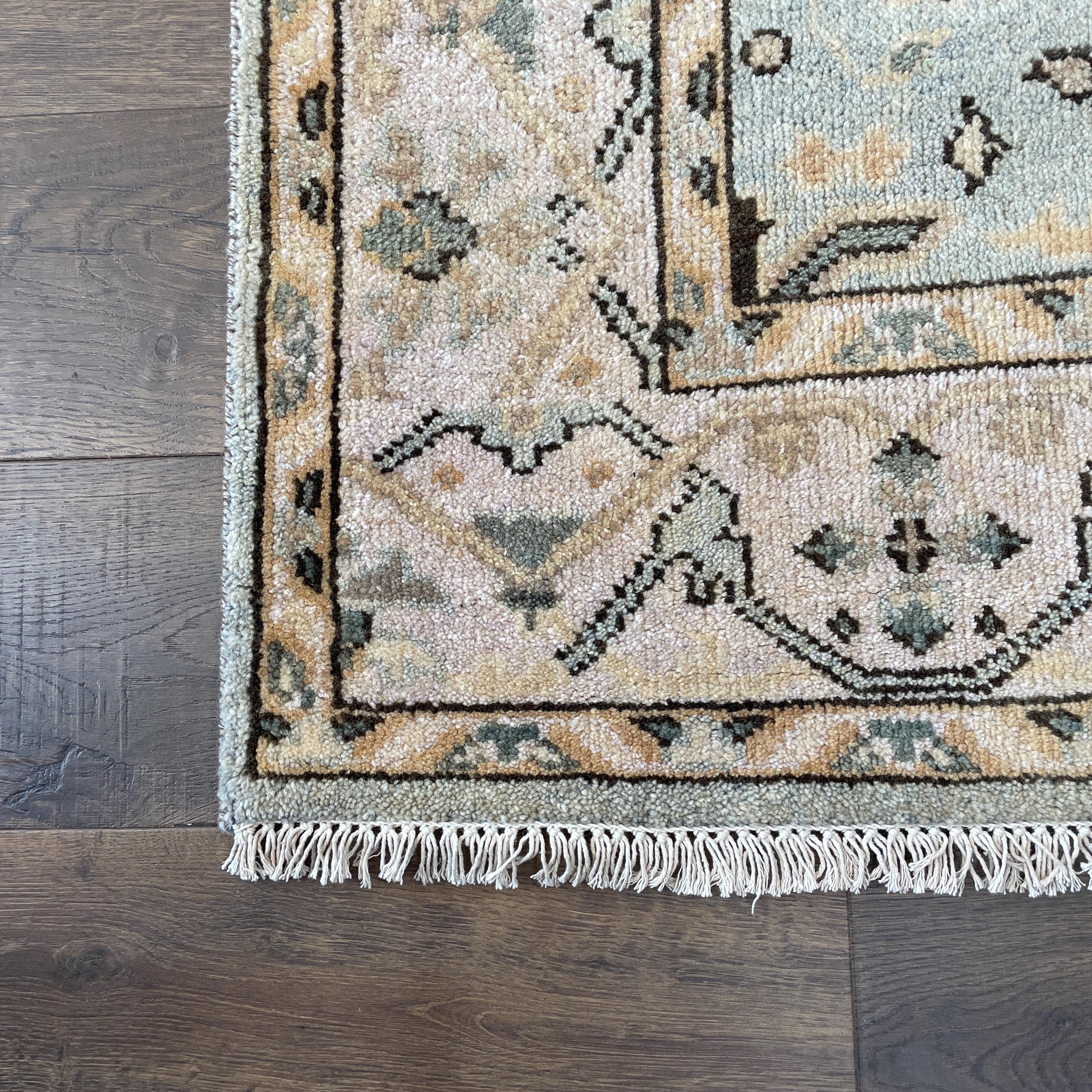 4' x 6' Handmade Hand-Knotted Wool Rug – Soft Blue Beige Vintage Turkish Rug