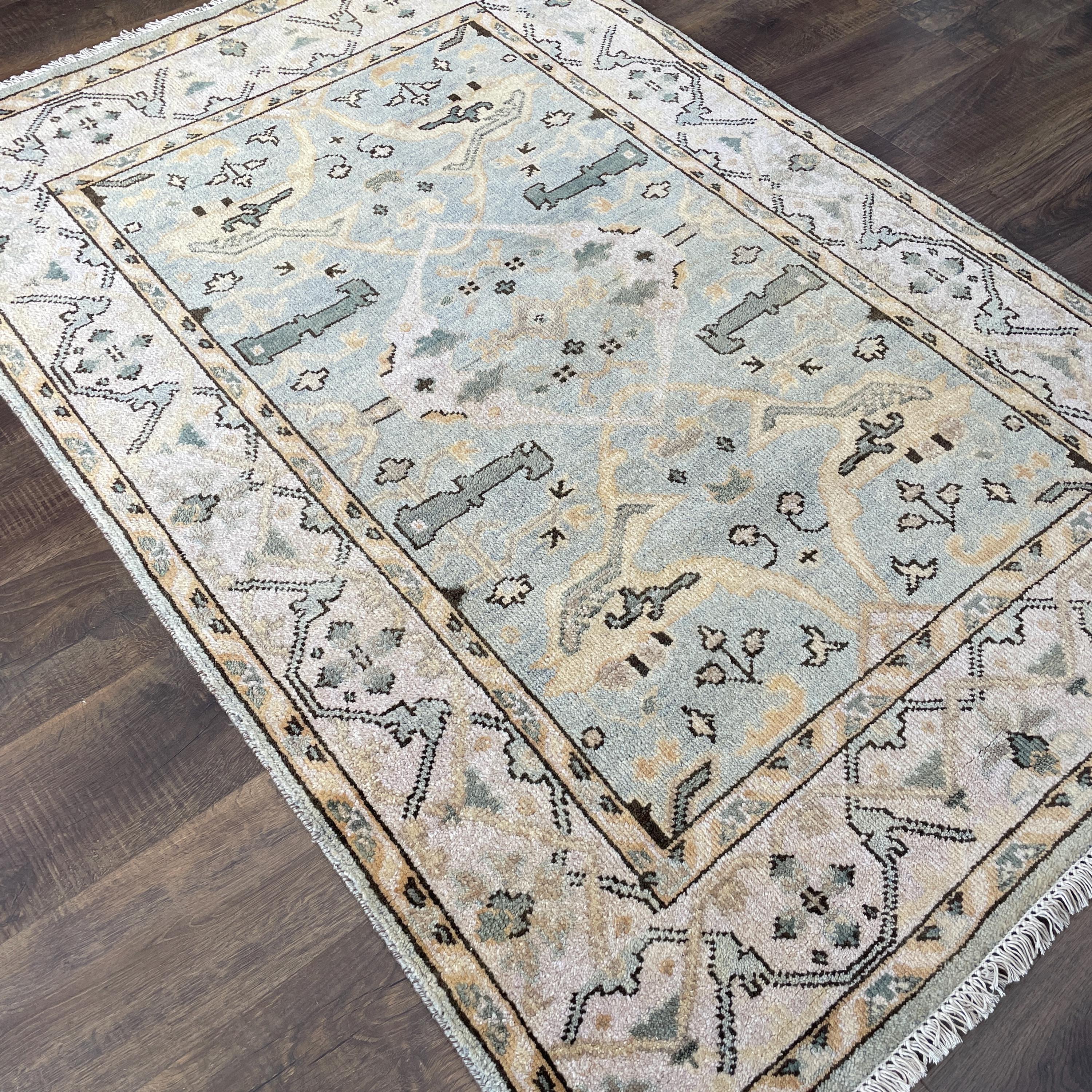 4' x 6' Handmade Hand-Knotted Wool Rug – Soft Blue Beige Vintage Turkish Rug