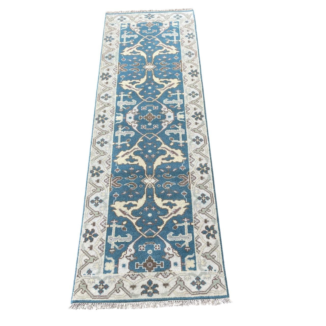 2'7" x 8' Handmade Hand-Knotted Wool Runner Rug – Blue Beige Turkish Hallway Rug