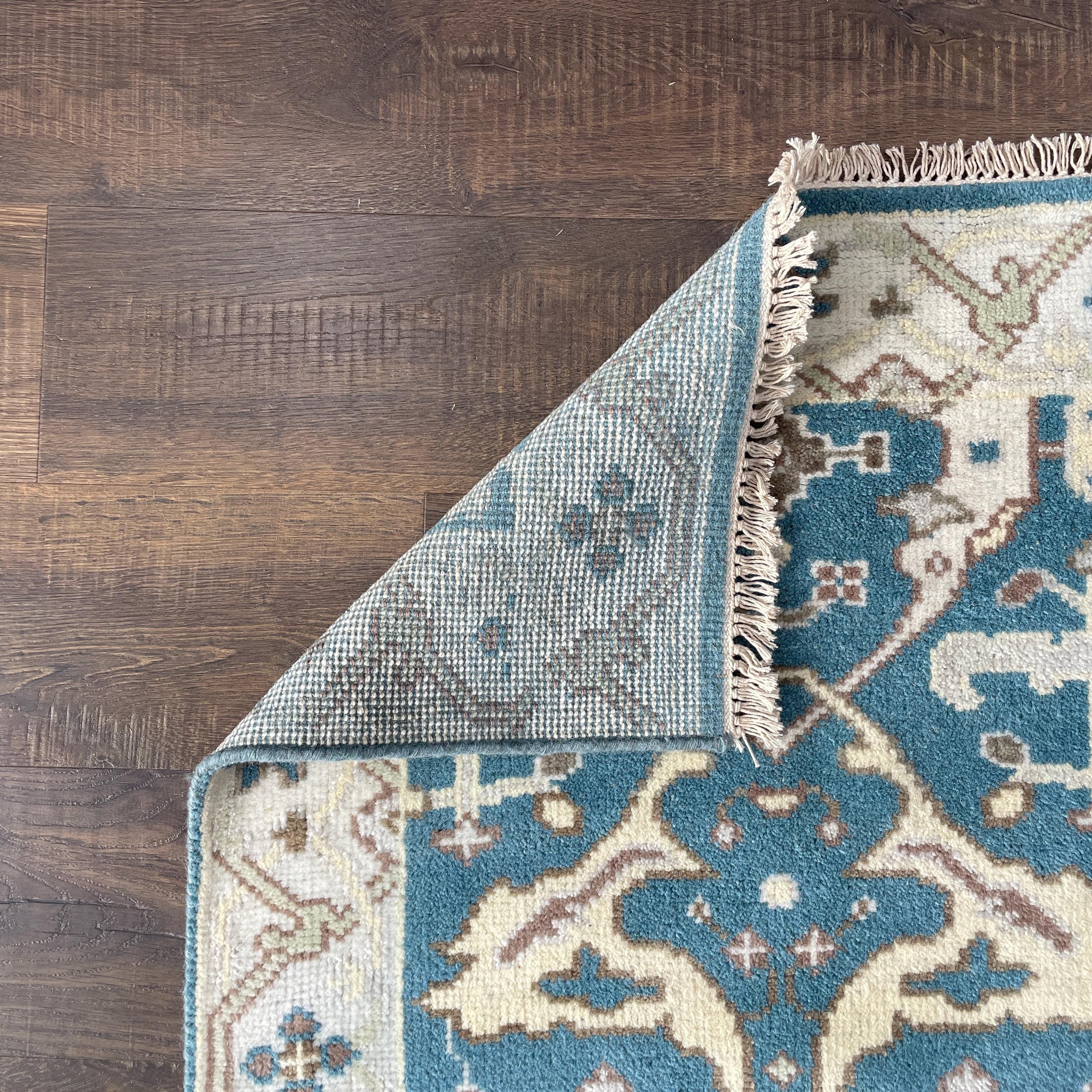 2'7" x 8' Handmade Hand-Knotted Wool Runner Rug – Blue Beige Turkish Hallway Rug