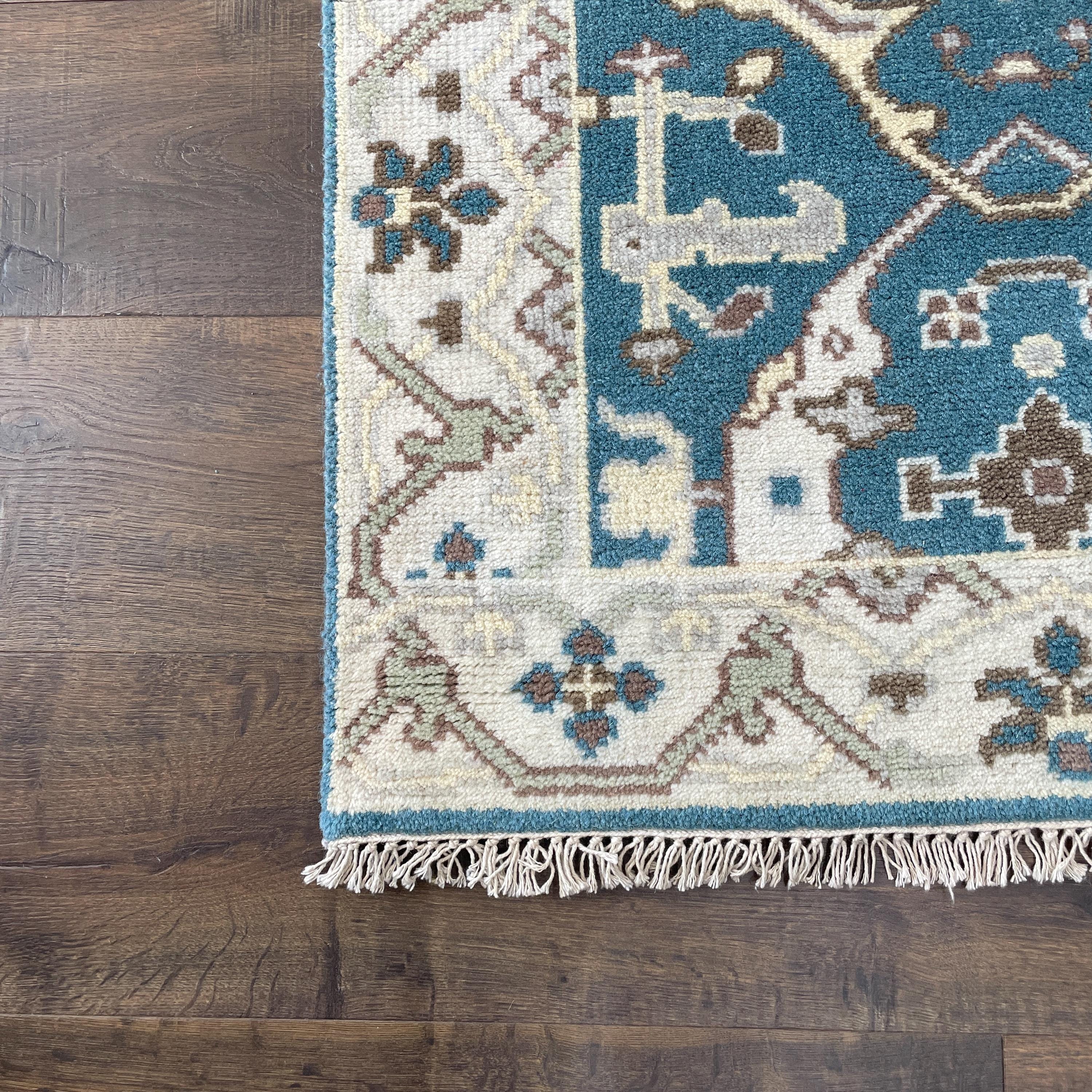 2'7" x 8' Handmade Hand-Knotted Wool Runner Rug – Blue Beige Turkish Hallway Rug