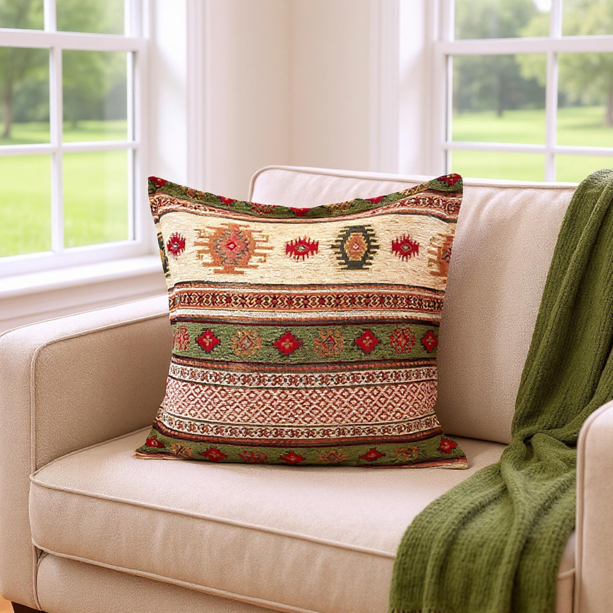 Woven Kilim Pillow Cover: Green Southwestern Boho Cushion (18-20 Inch)