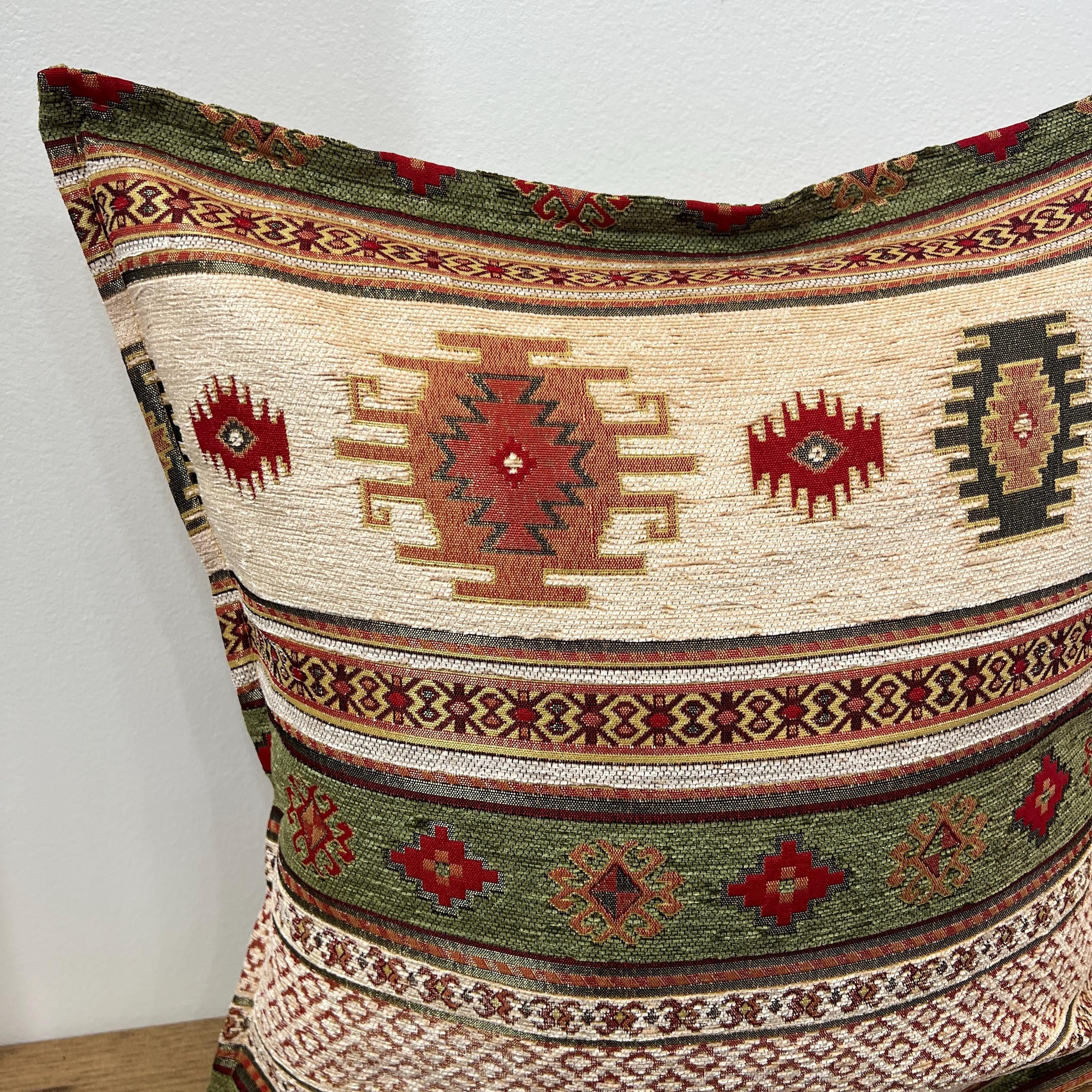 Woven Kilim Pillow Cover: Green Southwestern Boho Cushion (18-20 Inch)