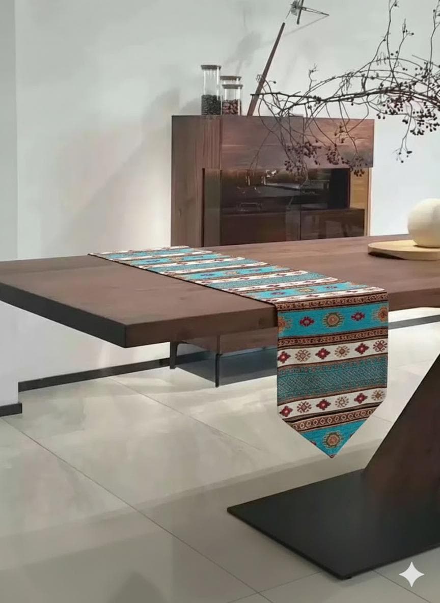 Vintage Turkish Kilim Table Runner: Turquoise Blue Boho Dining Decor