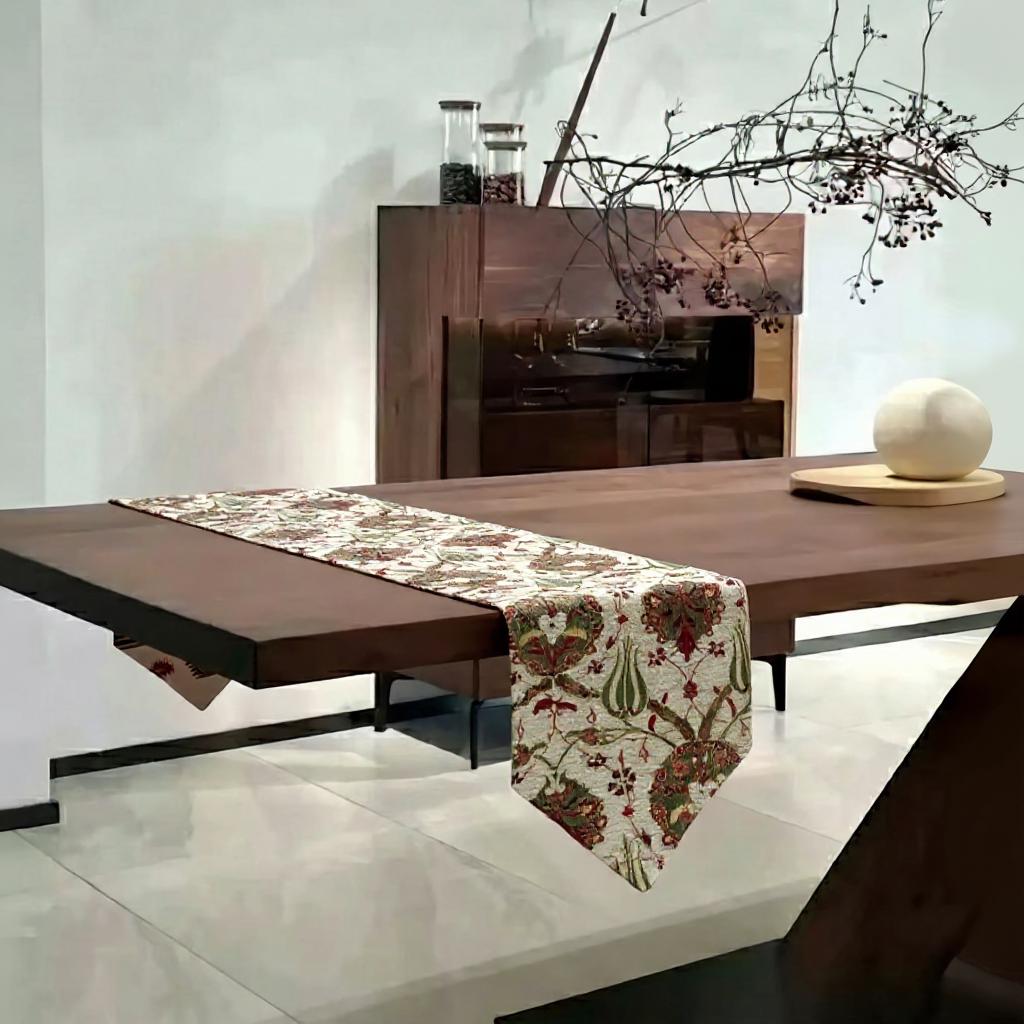Turkish Kilim Table Runner: Beige Tulip Jacquard Chenille, Extra Long Sizes
