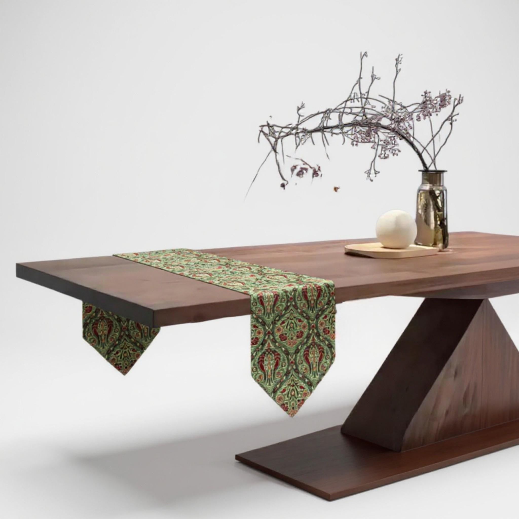 Green Tulip Kilim Table Runner: Jacquard Chenille, Boho Dining Decor, Extra Long Sizes