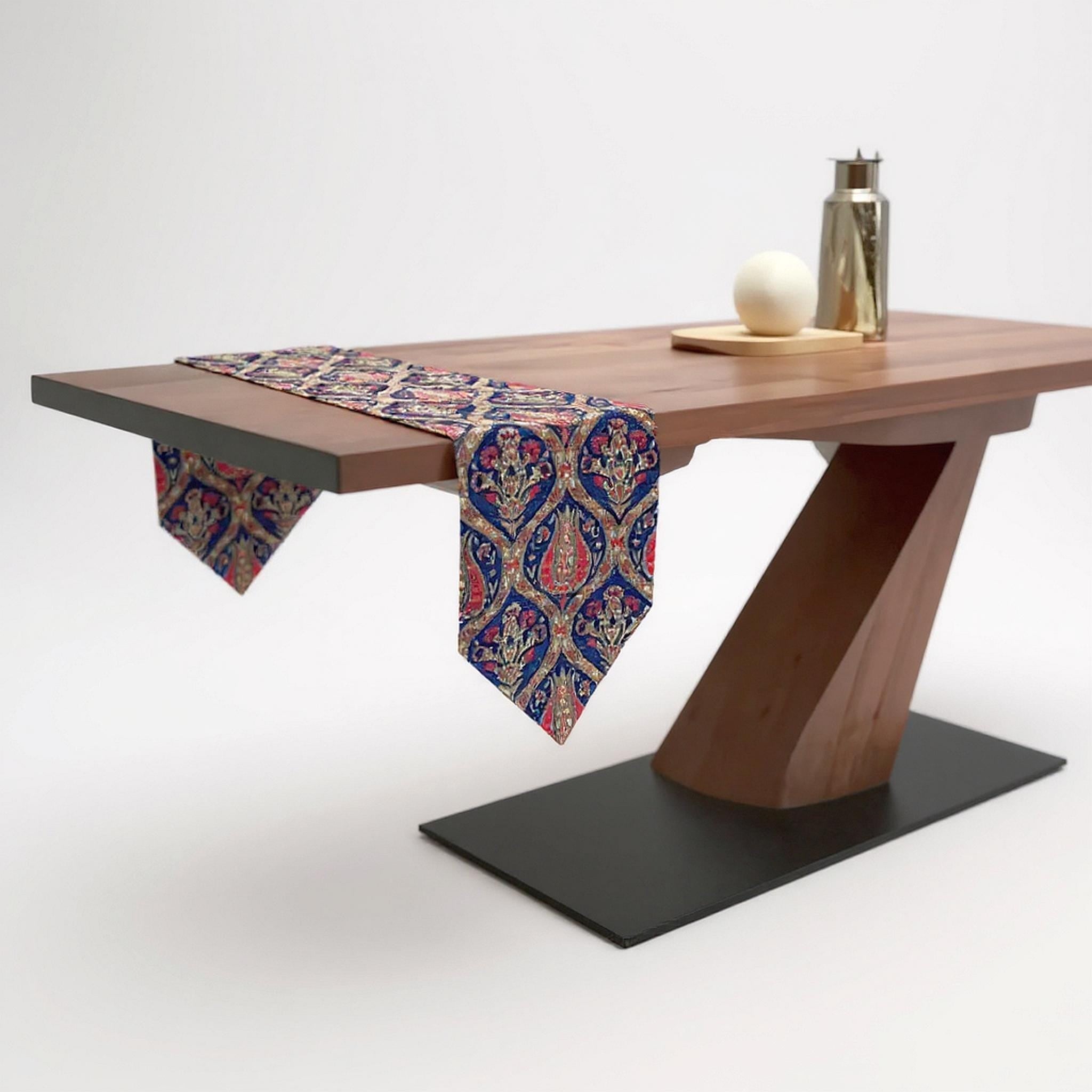 Navy Blue Turkish Kilim Table Runner: Jacquard Chenille, Boho Dining Decor