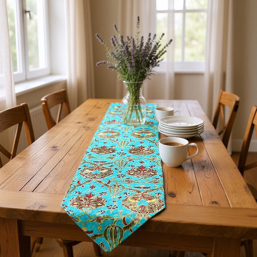 Turkish Kilim Table Runner: Turquoise Blue Jacquard Chenille, Boho Dining Decor extra long