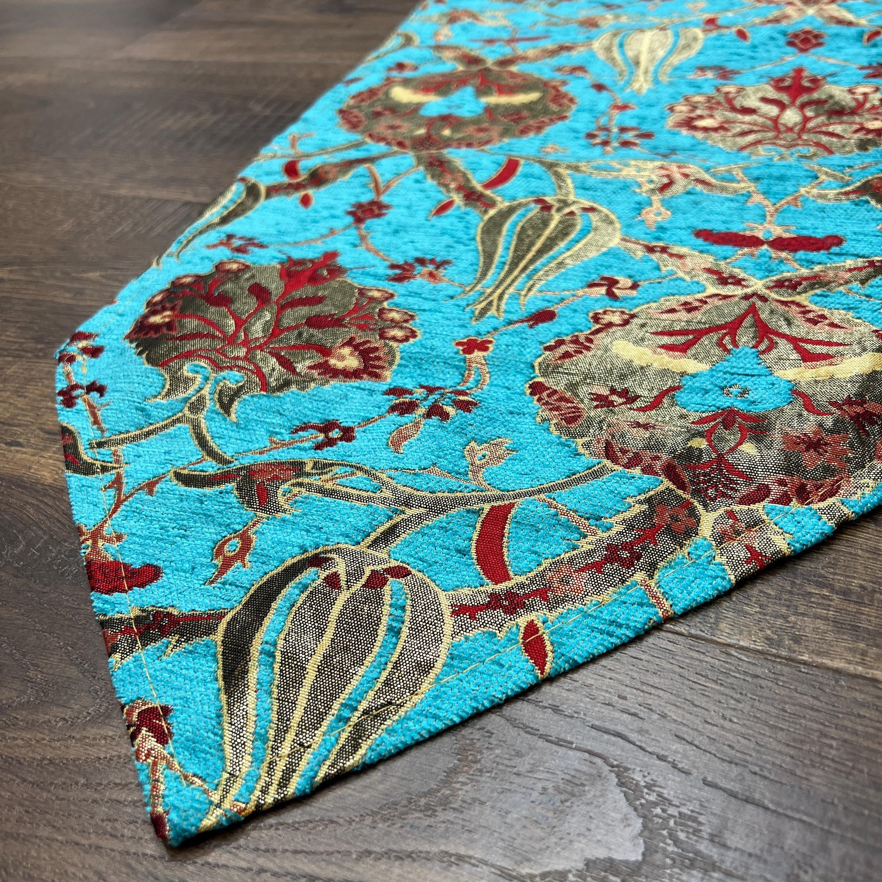 Turkish Kilim Table Runner: Turquoise Blue Jacquard Chenille, Boho Dining Decor extra long