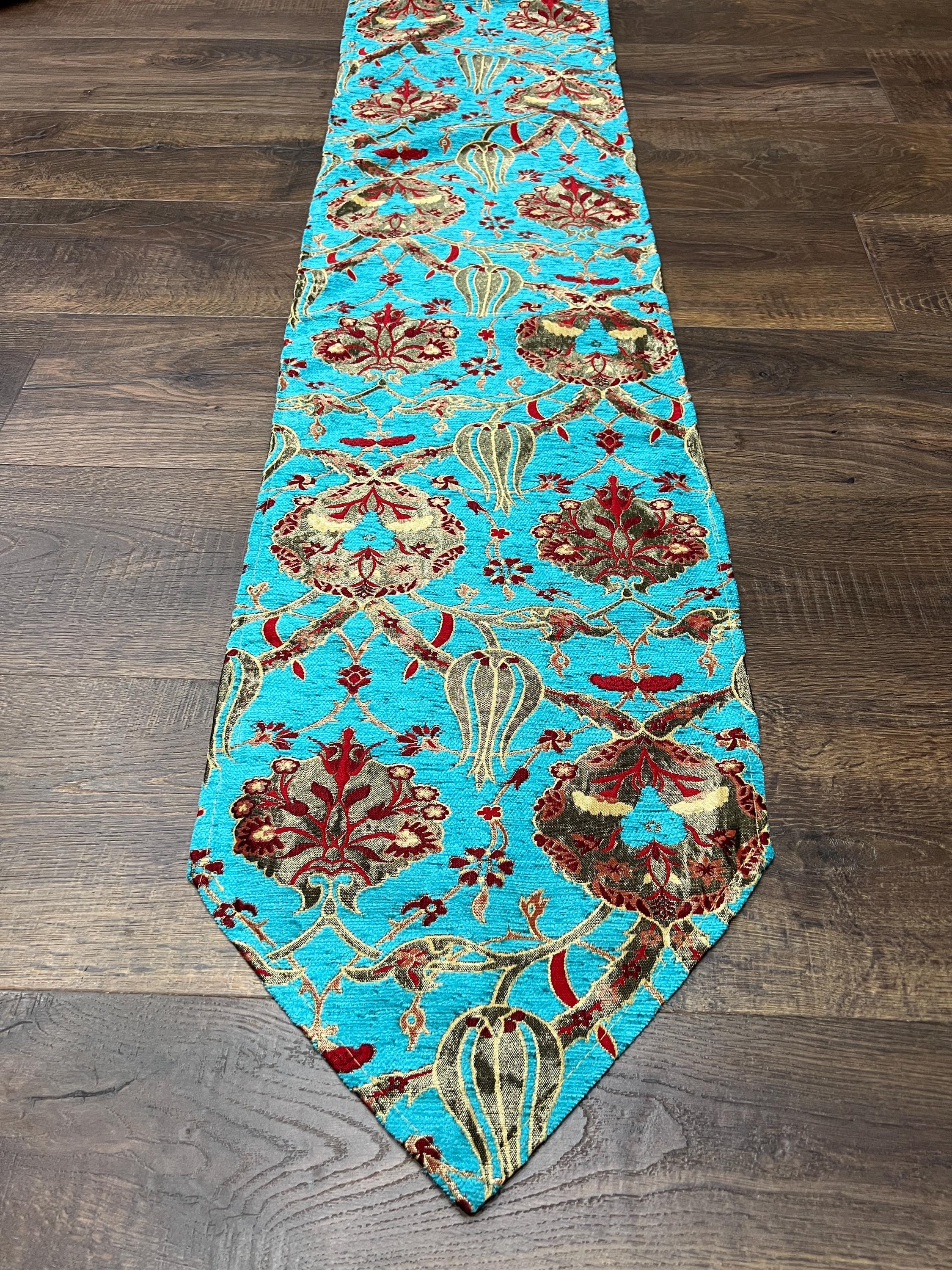 Turkish Kilim Table Runner: Turquoise Blue Jacquard Chenille, Boho Dining Decor extra long