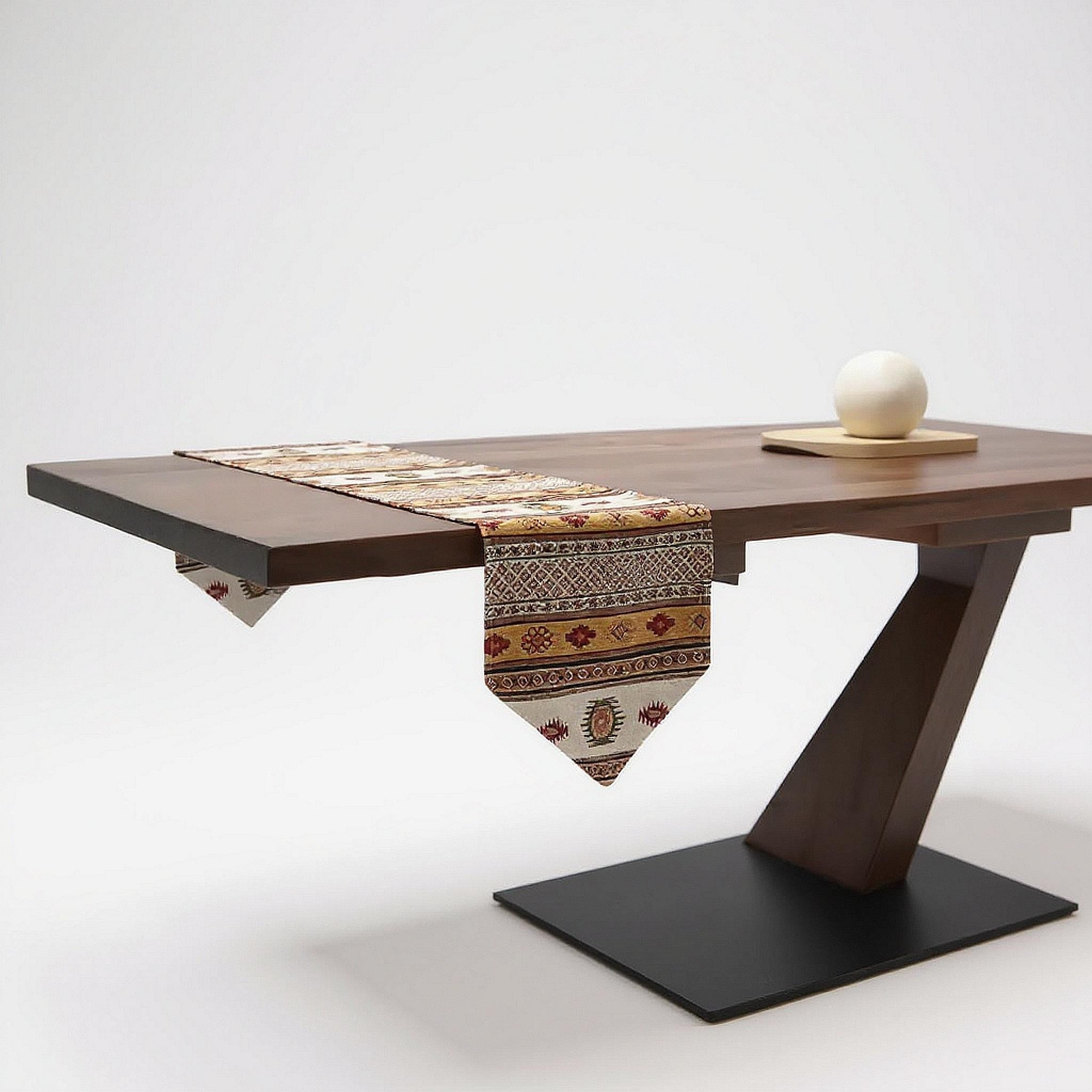 Fall Kilim Table Runner: Vintage Gold & White Jacquard Chenille