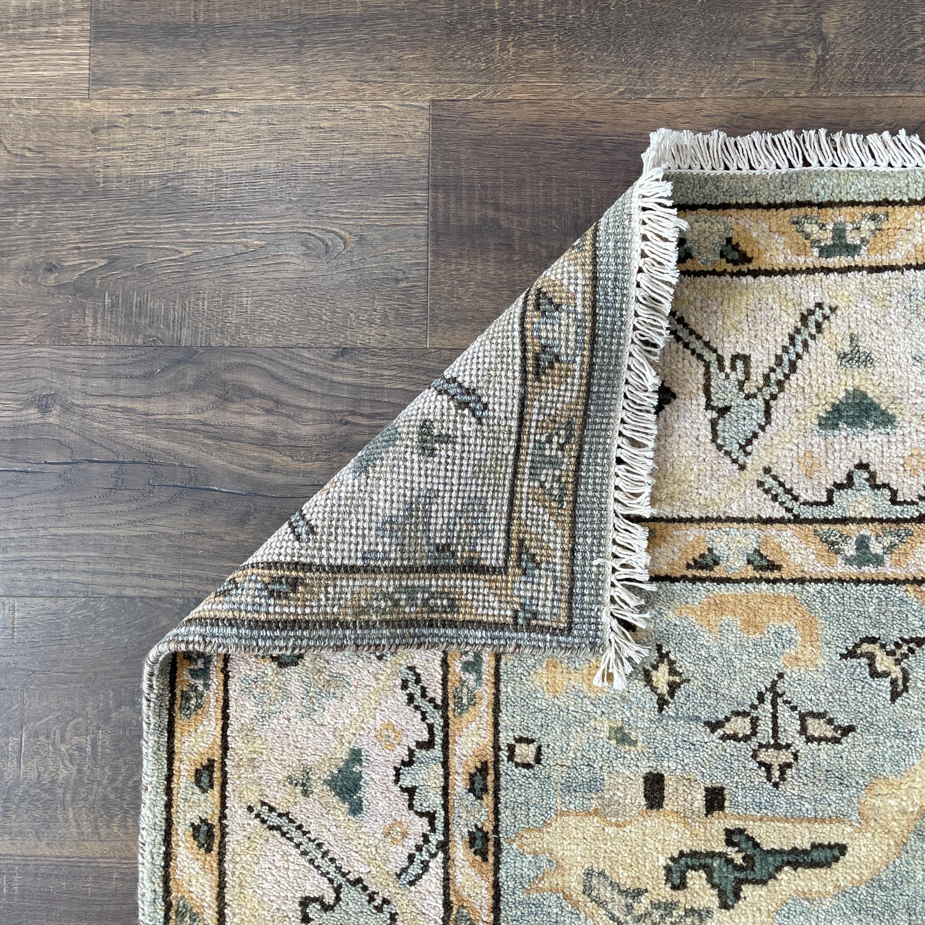 4' x 6' Handmade Hand-Knotted Wool Rug – Soft Blue Beige Vintage Turkish Rug