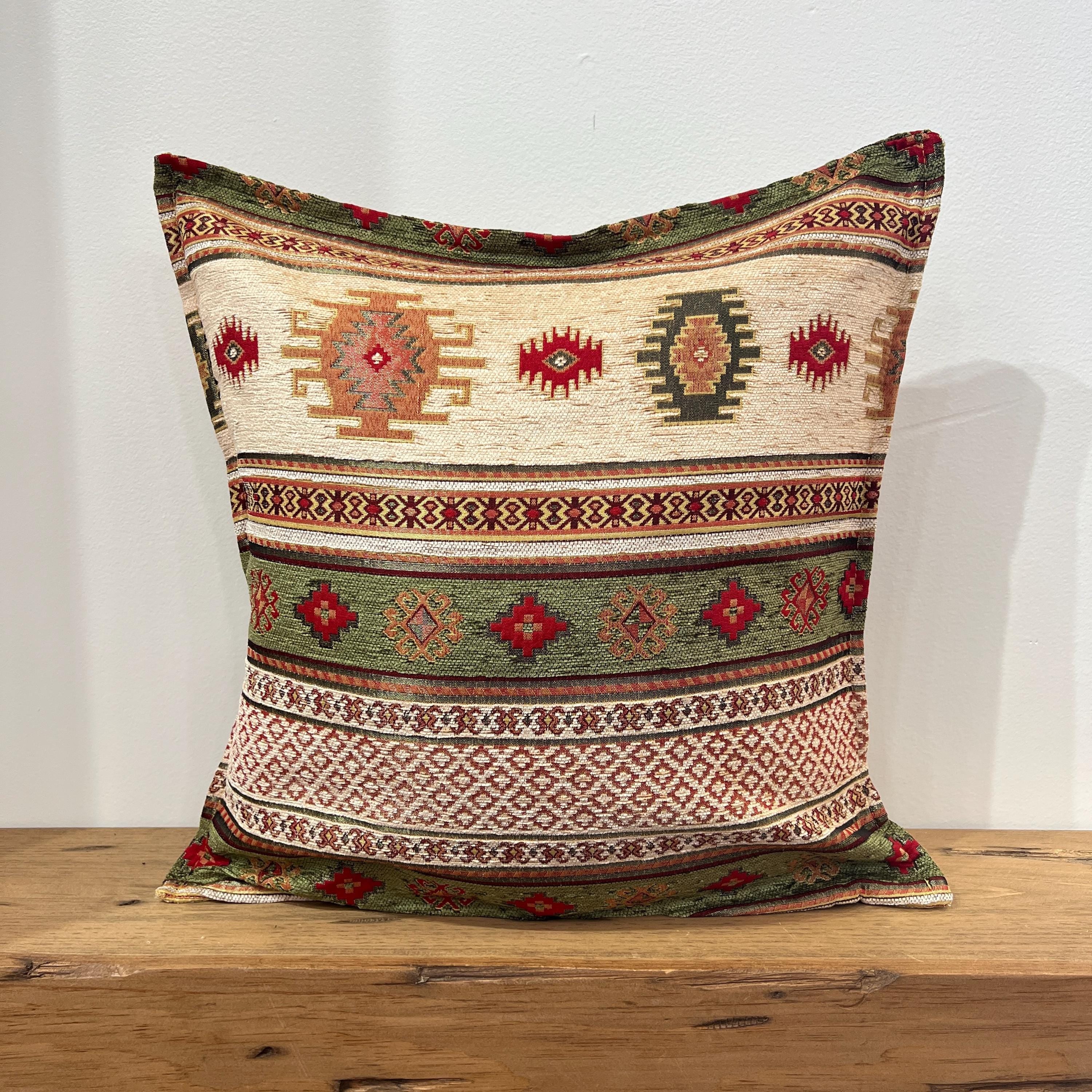 Woven Kilim Pillow Cover: Green Southwestern Boho Cushion (18-20 Inch)