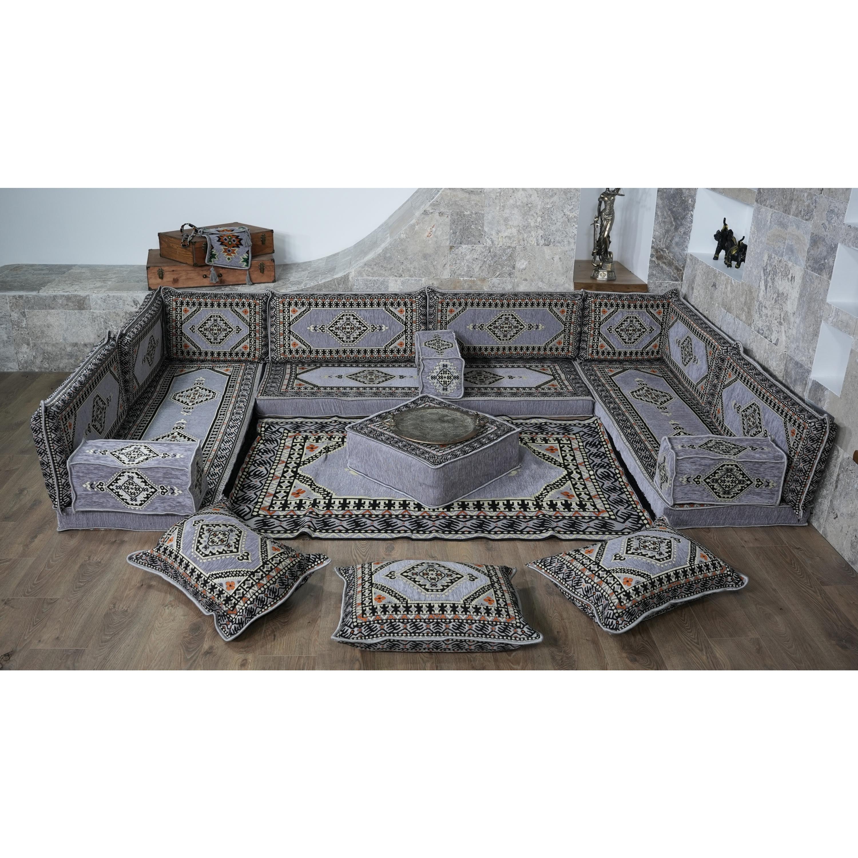 Gray U-Shaped Sofa Set, Turkish Palace Floor Seating Sectional Modular Couch Set