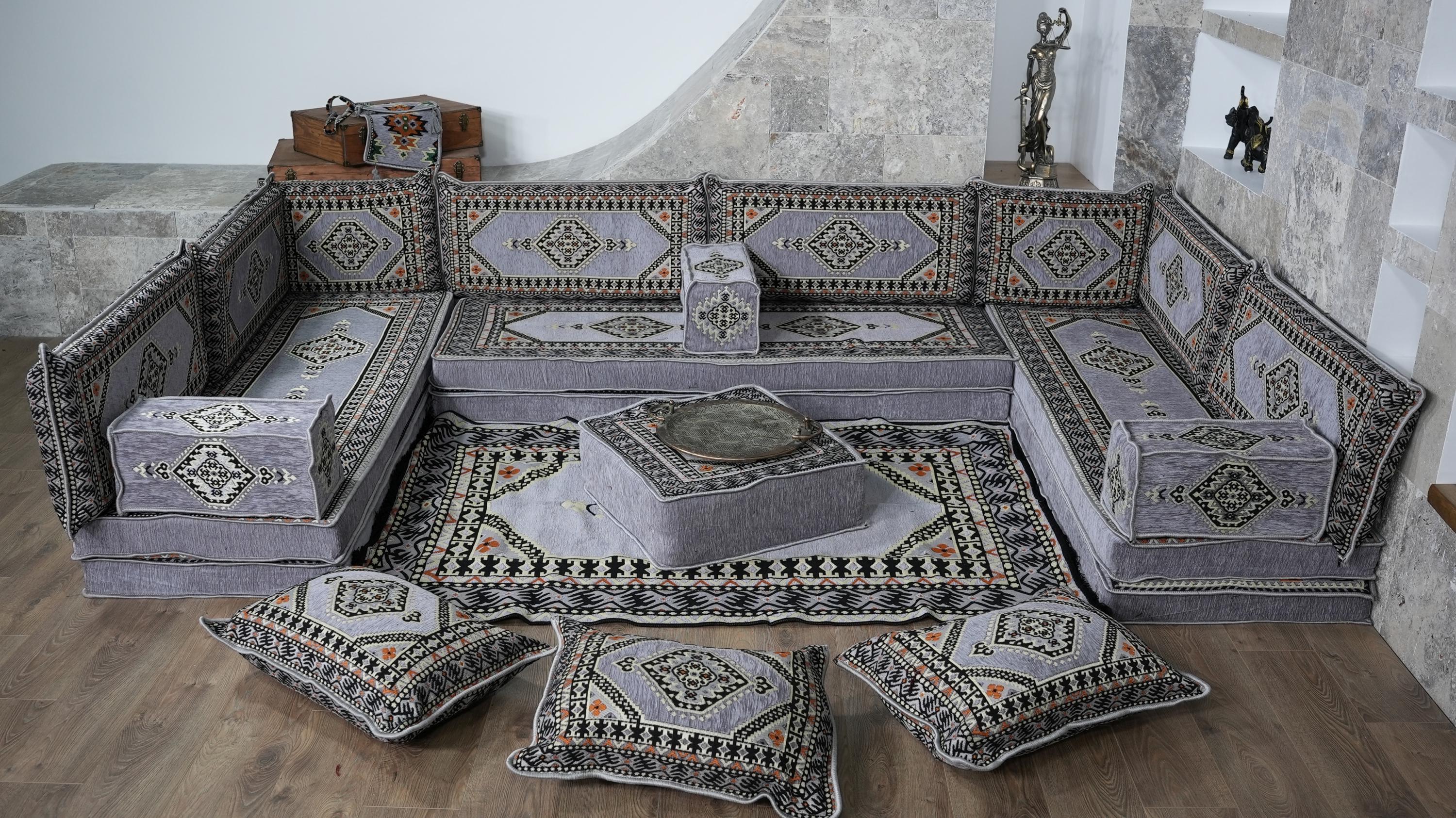 Gray U-Shaped Sofa Set, Turkish Palace Floor Seating Sectional Modular Couch Set