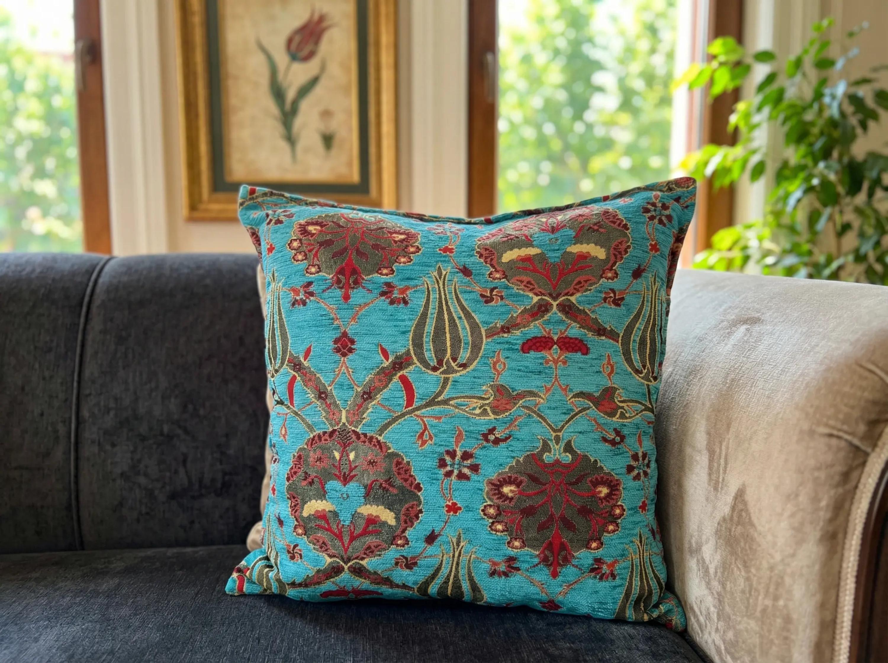 Turquoise Turkish Pillow Cover, Blue Chenille Cushion Cover, Woven New Ottoman Tulip