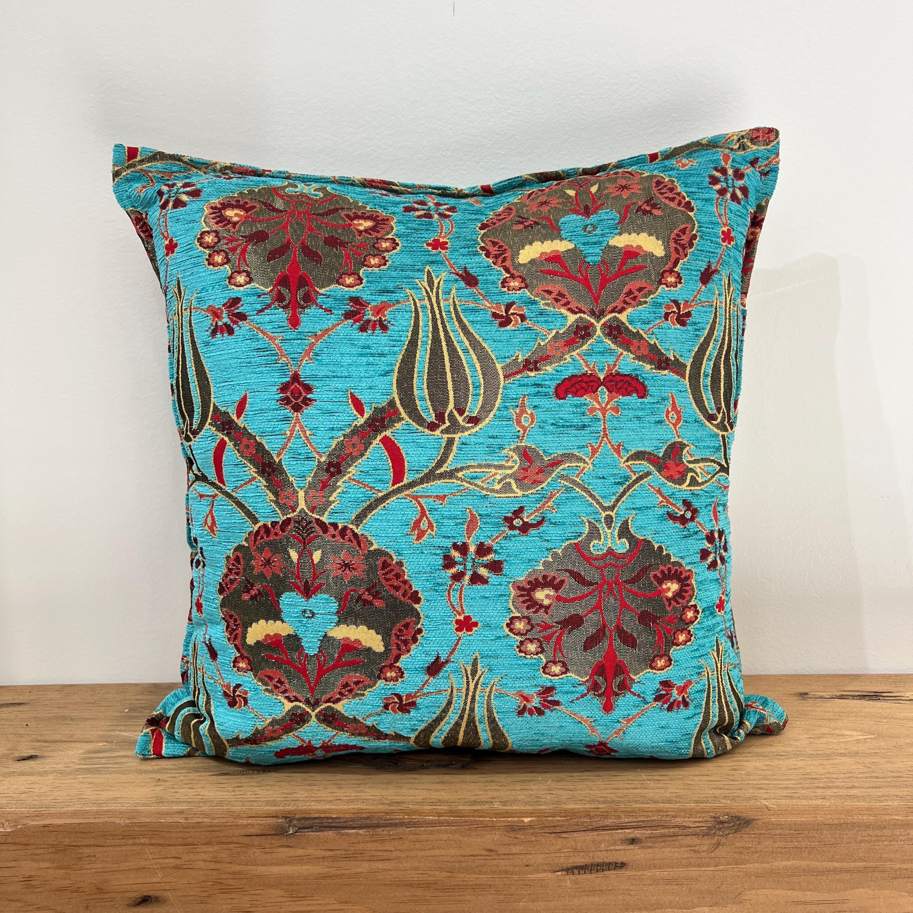 Turquoise Turkish Pillow Cover, Blue Chenille Cushion Cover, Woven New Ottoman Tulip