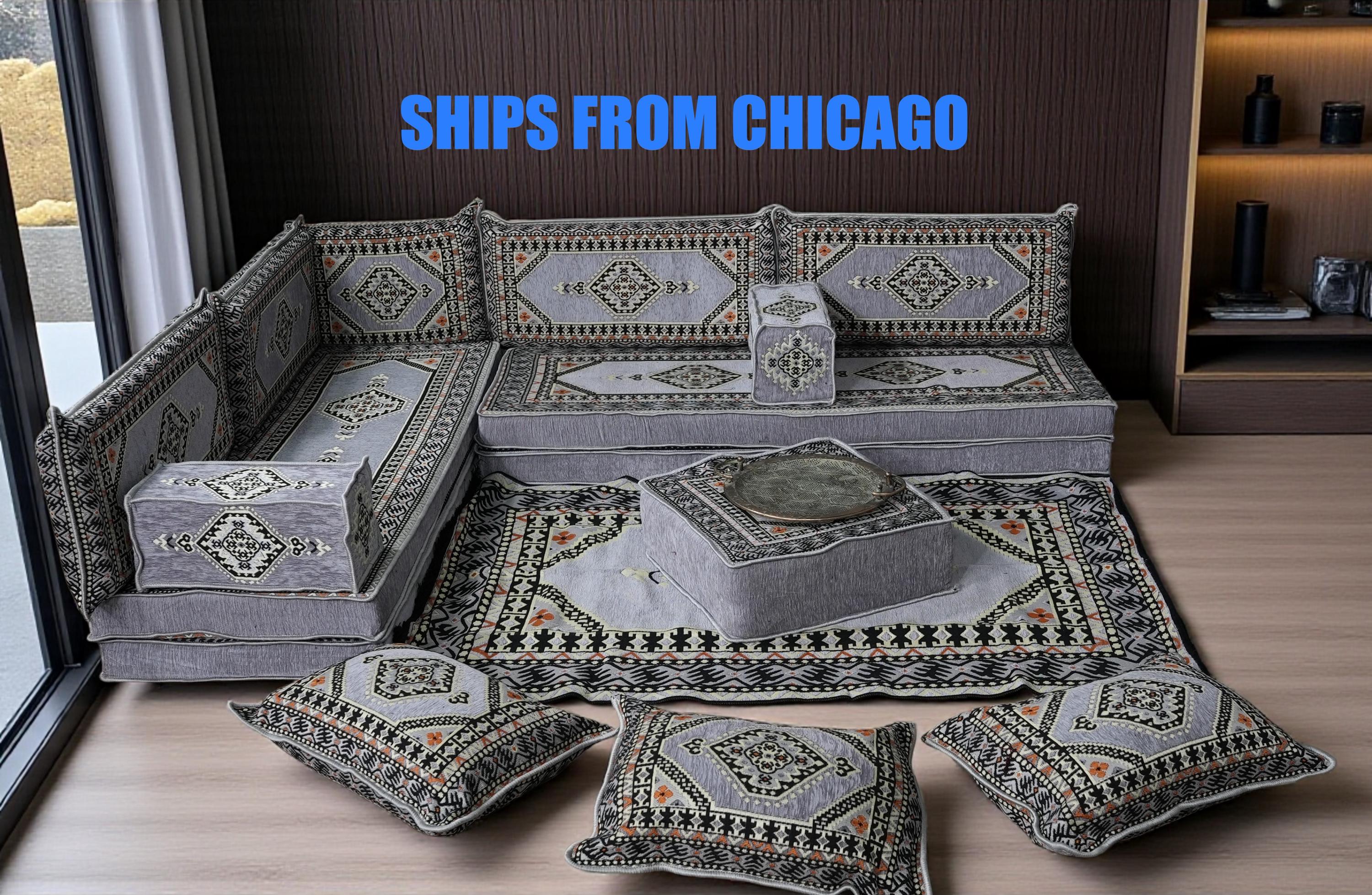Gray L-Shaped Sofa Set, Turkish Palace Floor Seating Sectional Modular Couch Set