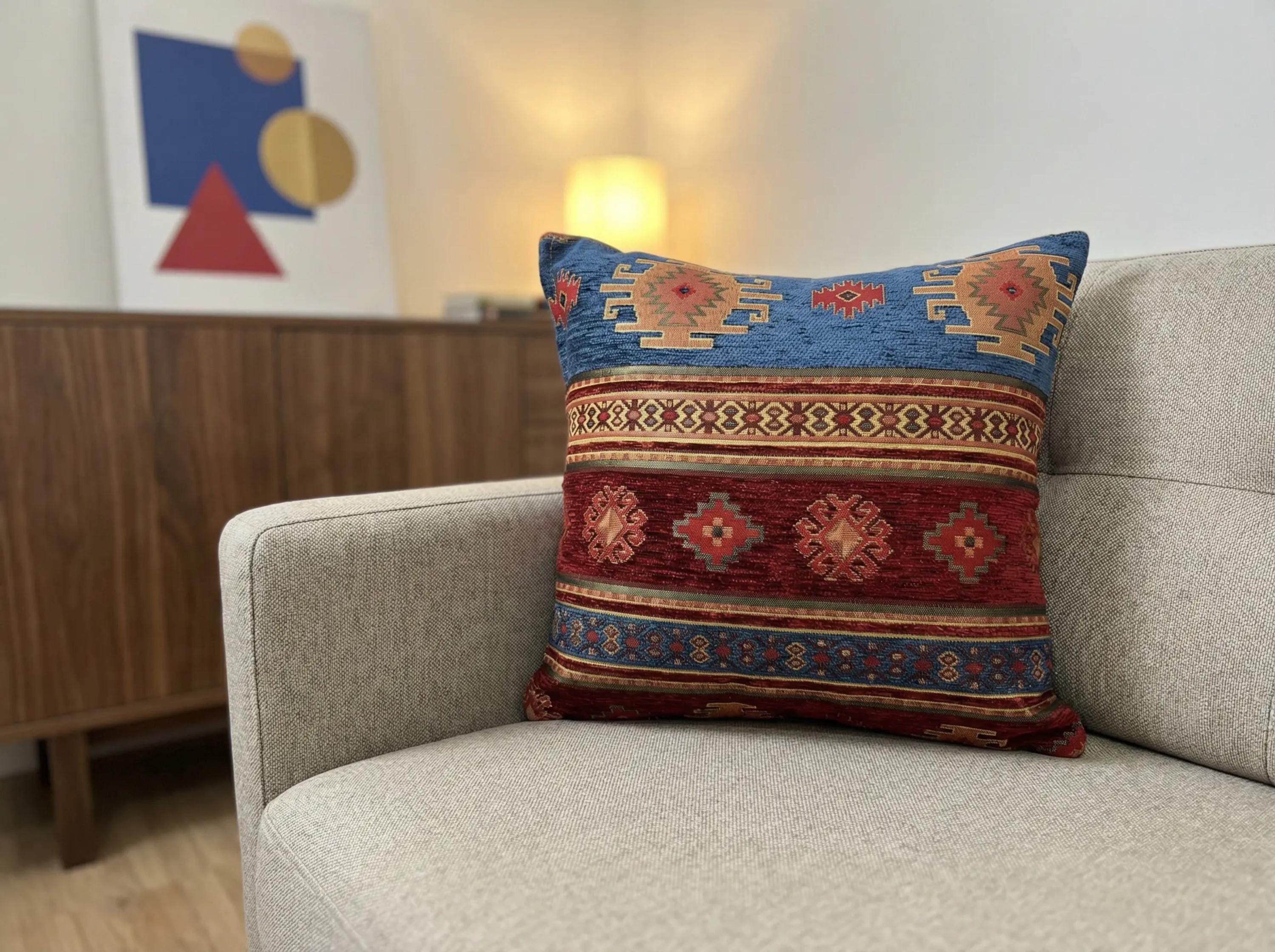 Woven Throw Pillow 18 & 20 Inch - Red Blue Kilim Pillow Cover - Decorative Couch Accent Cushion New Made-to-Order