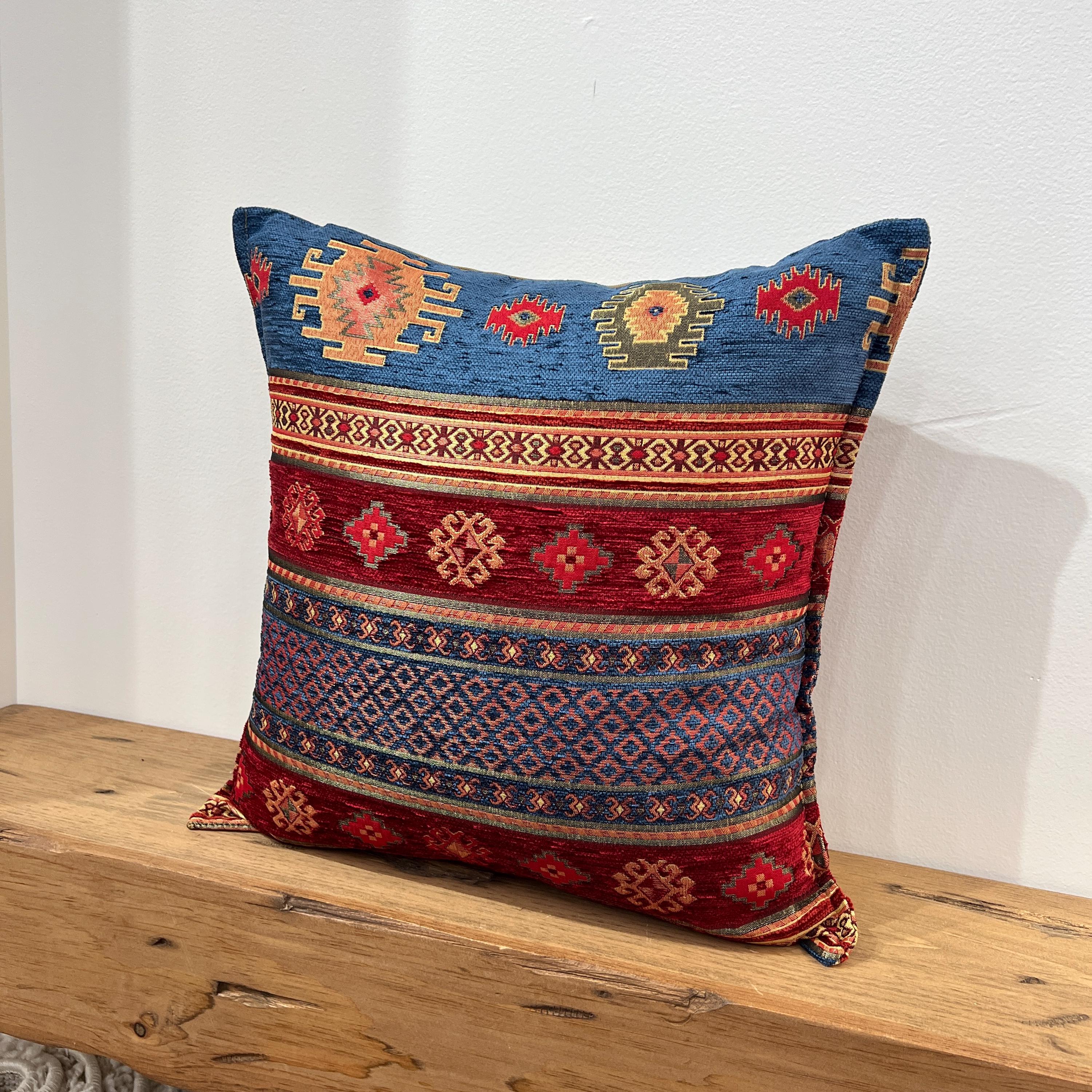 Woven Throw Pillow 18 & 20 Inch - Red Blue Kilim Pillow Cover - Decorative Couch Accent Cushion New Made-to-Order