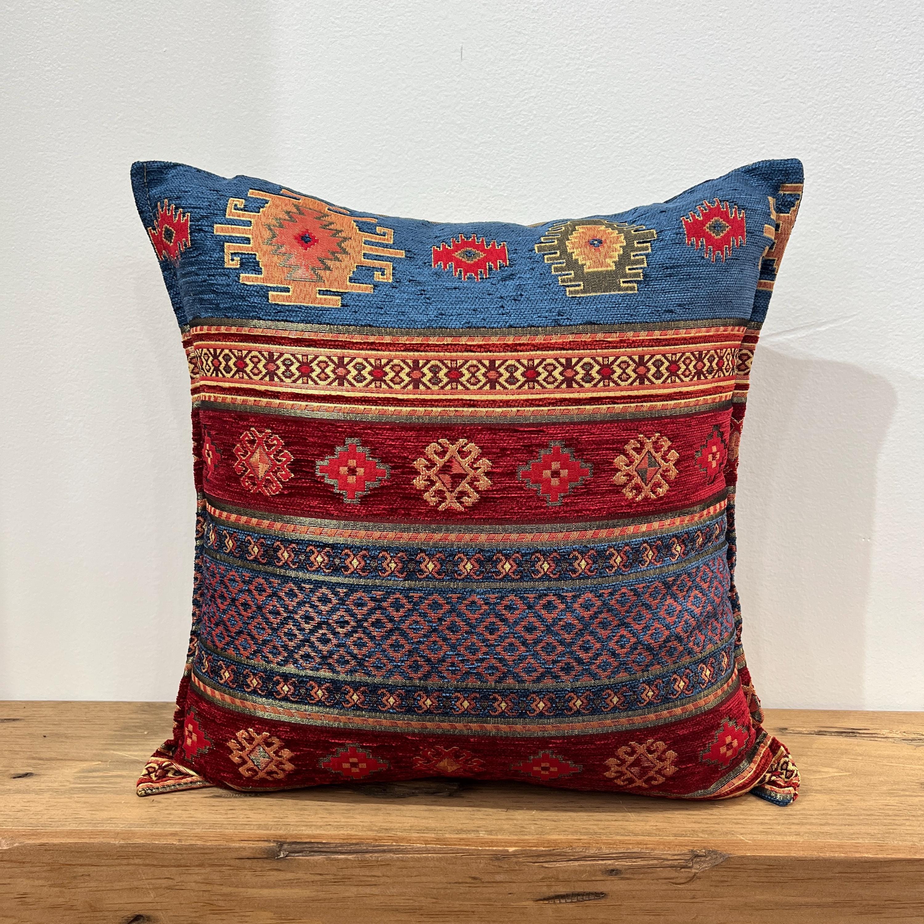 Woven Throw Pillow 18 & 20 Inch - Red Blue Kilim Pillow Cover - Decorative Couch Accent Cushion New Made-to-Order
