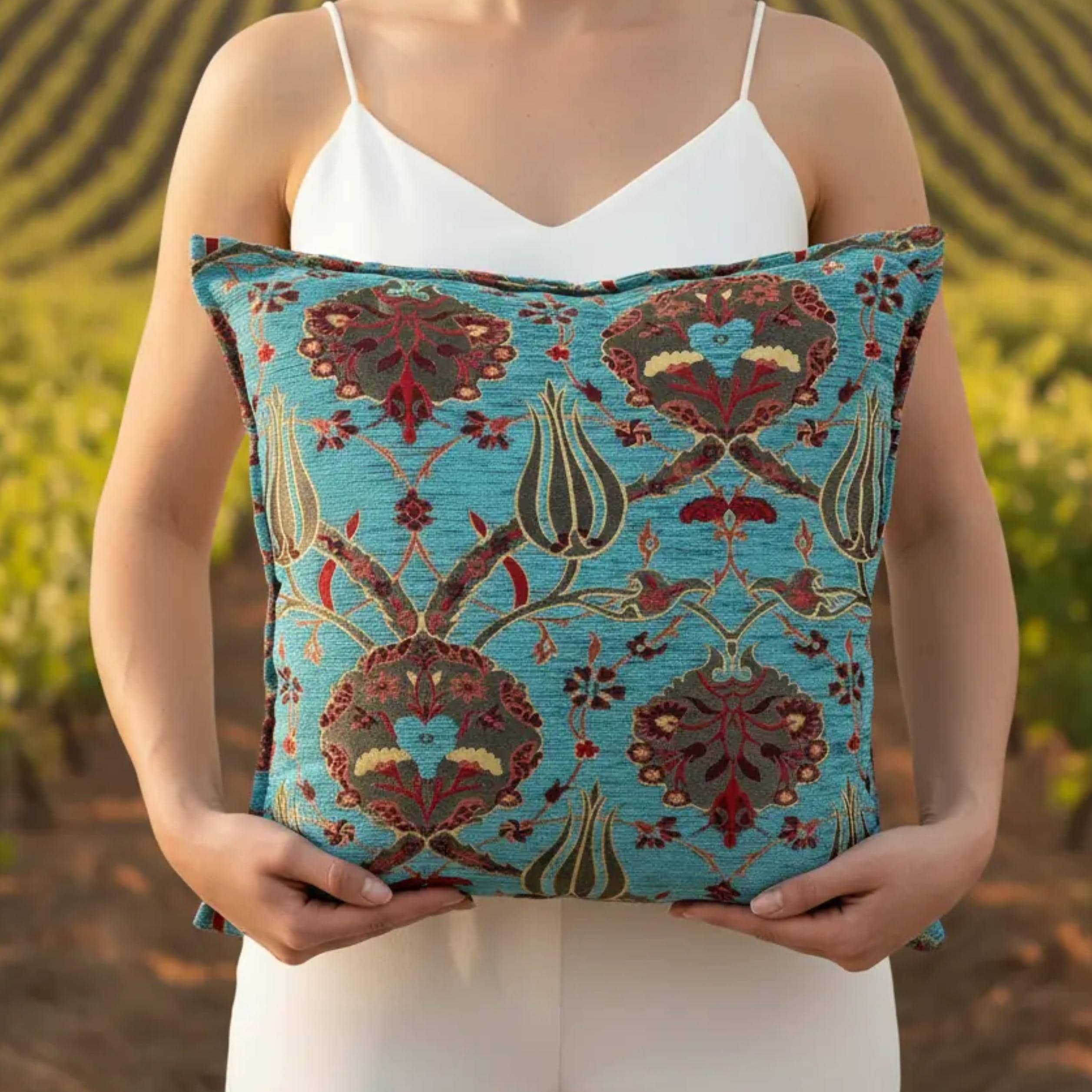 Turquoise Turkish Pillow Cover, Blue Chenille Cushion Cover, Woven New Ottoman Tulip