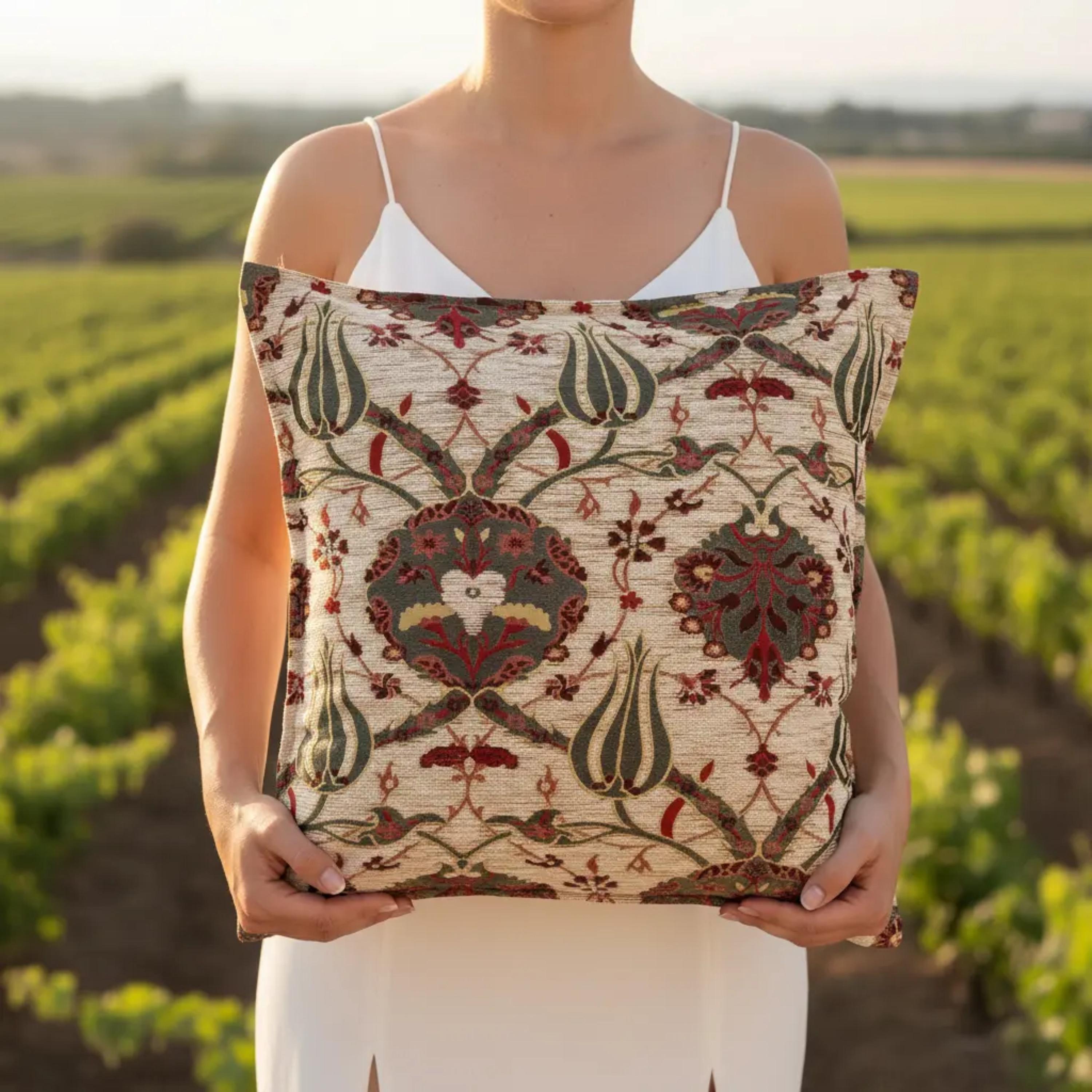 Turkish Pillow Cover  Beige Chenille Cushion, Woven New Ottoman Tulip Design  Decorative Throw Pillowcase