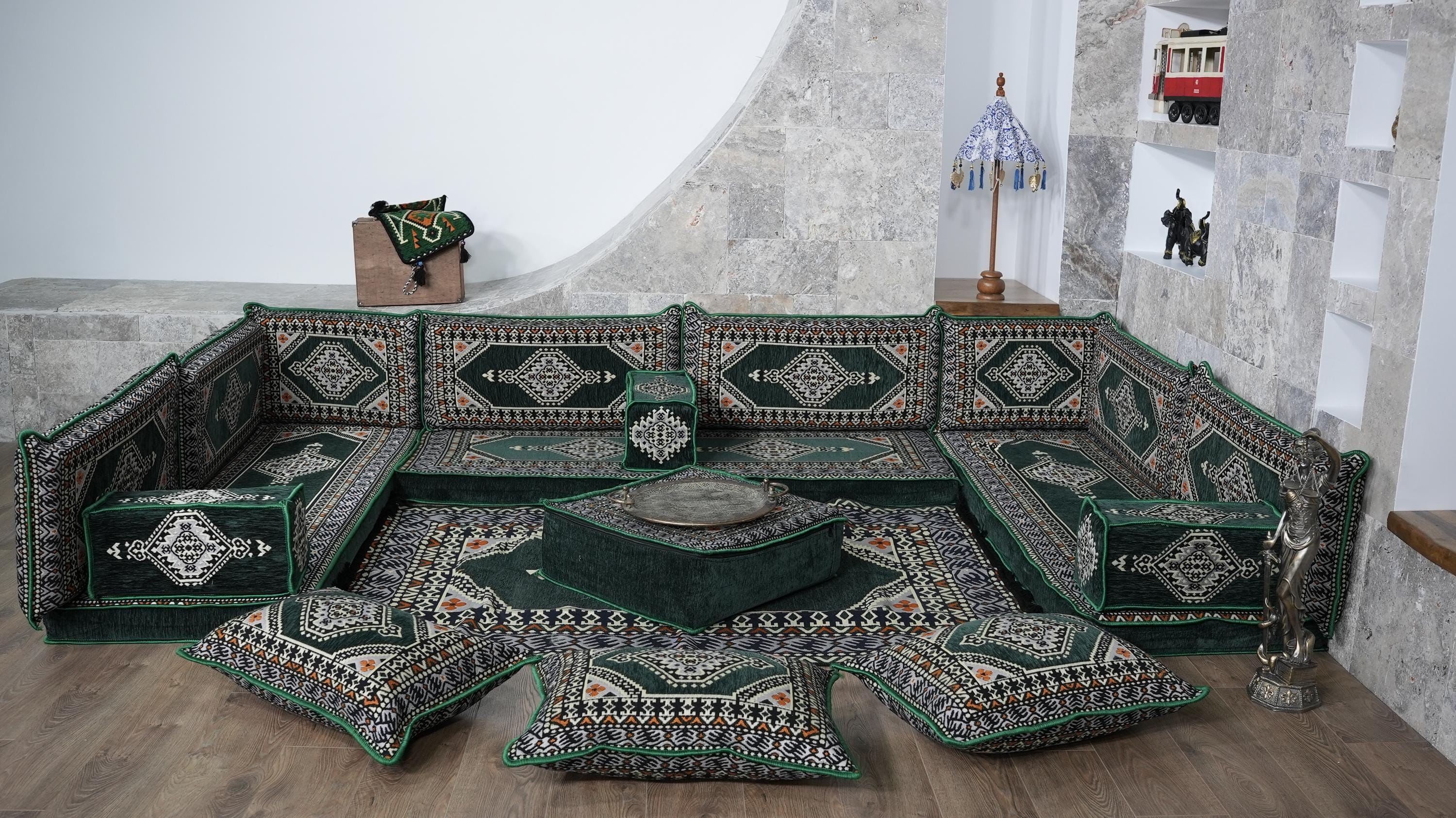 Green U-Shaped Sofa Set, Turkish Palace Floor Seating Sectional Modular Couch Set