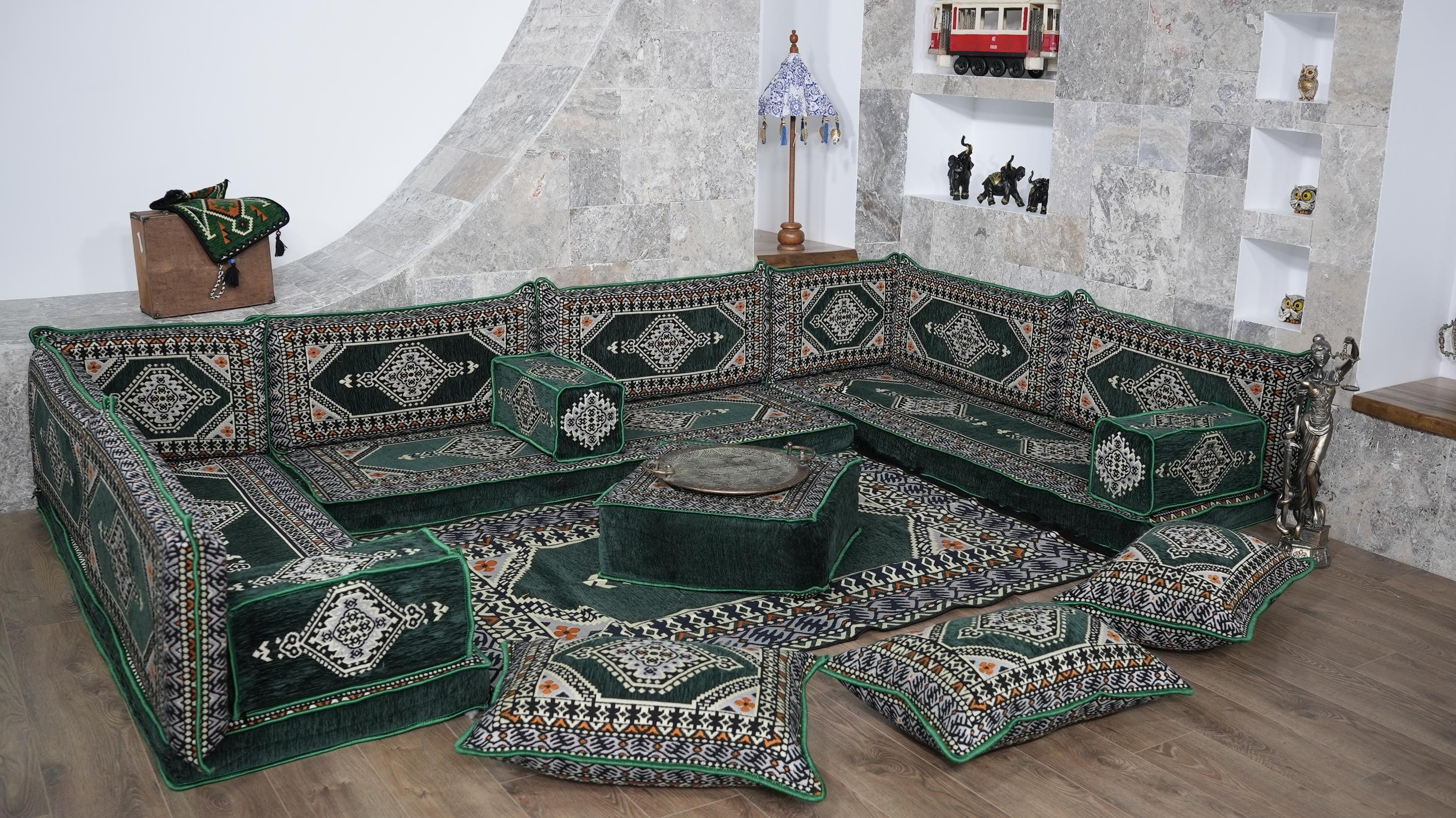 Green U-Shaped Sofa Set, Turkish Palace Floor Seating Sectional Modular Couch Set